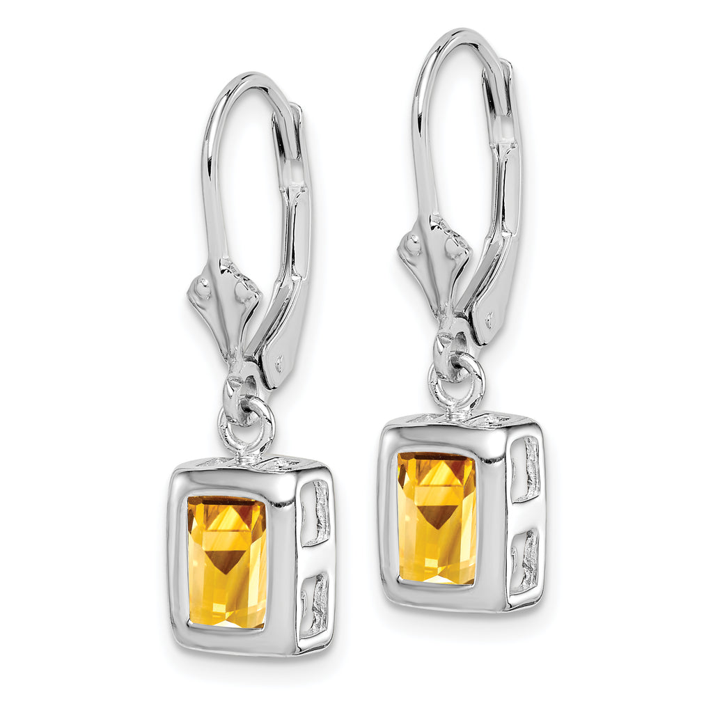 Sterling Silver Rhodium Plated 7x5 Emerald Cut Citrine Leverback Earrings