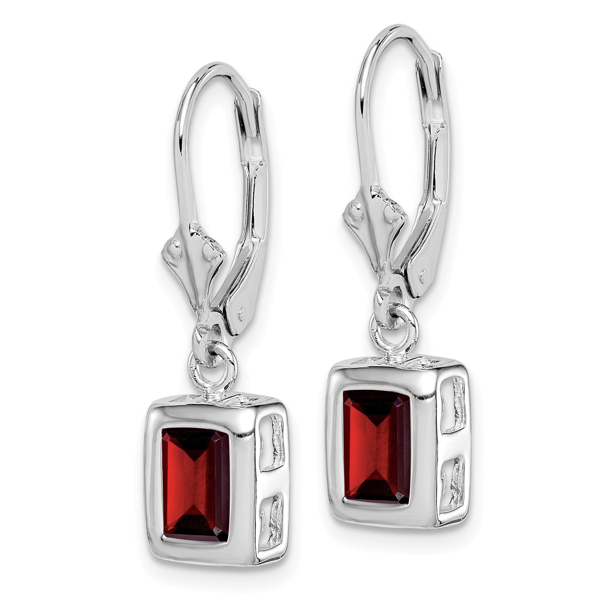 Sterling Silver Rhodium Plated 7x5 Emerald Cut Garnet Leverback Earrings Secondary image