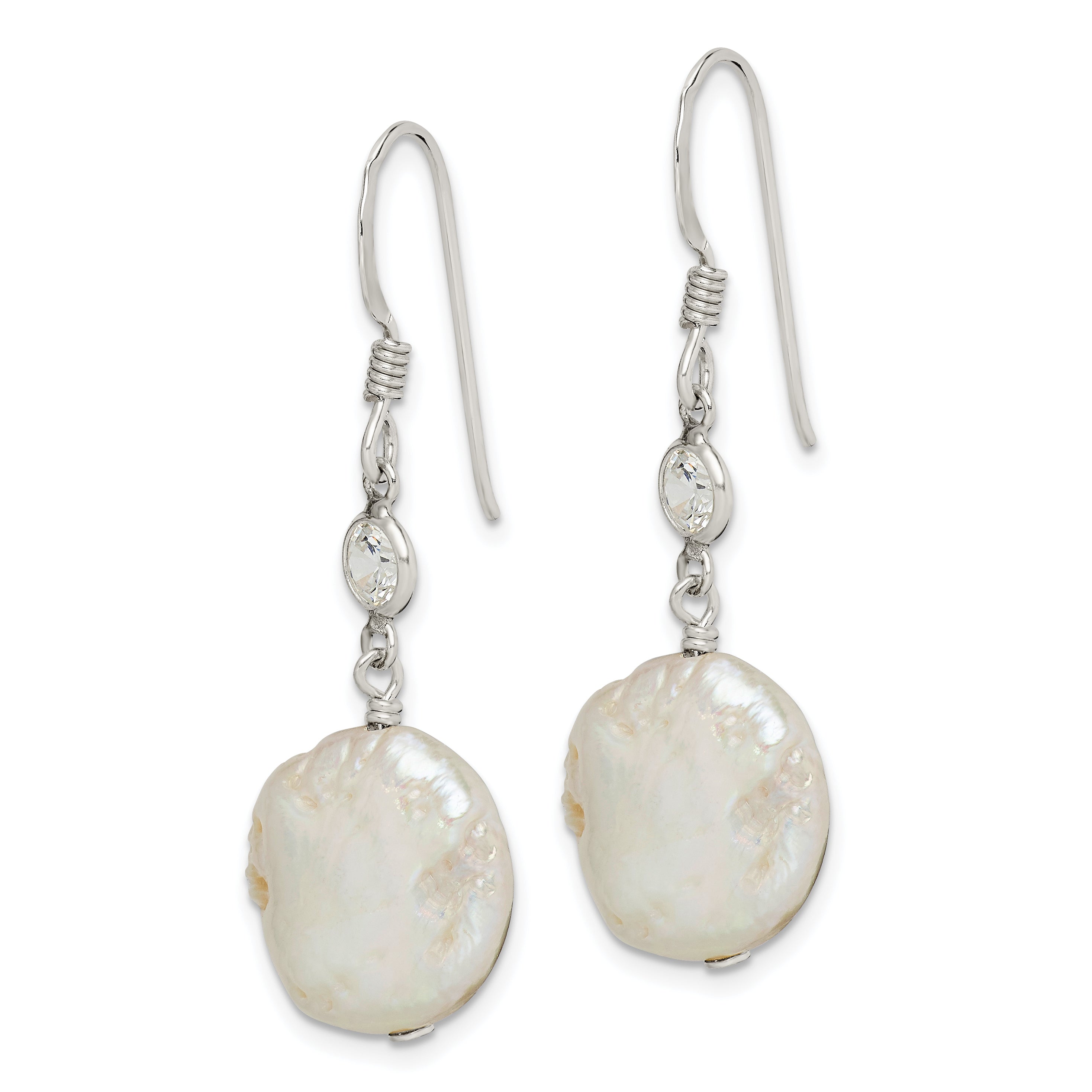 Sterling Silver Polished White 12-13mm Coin Freshwater Cultured Pearl & CZ Dangle Earrings Secondary image