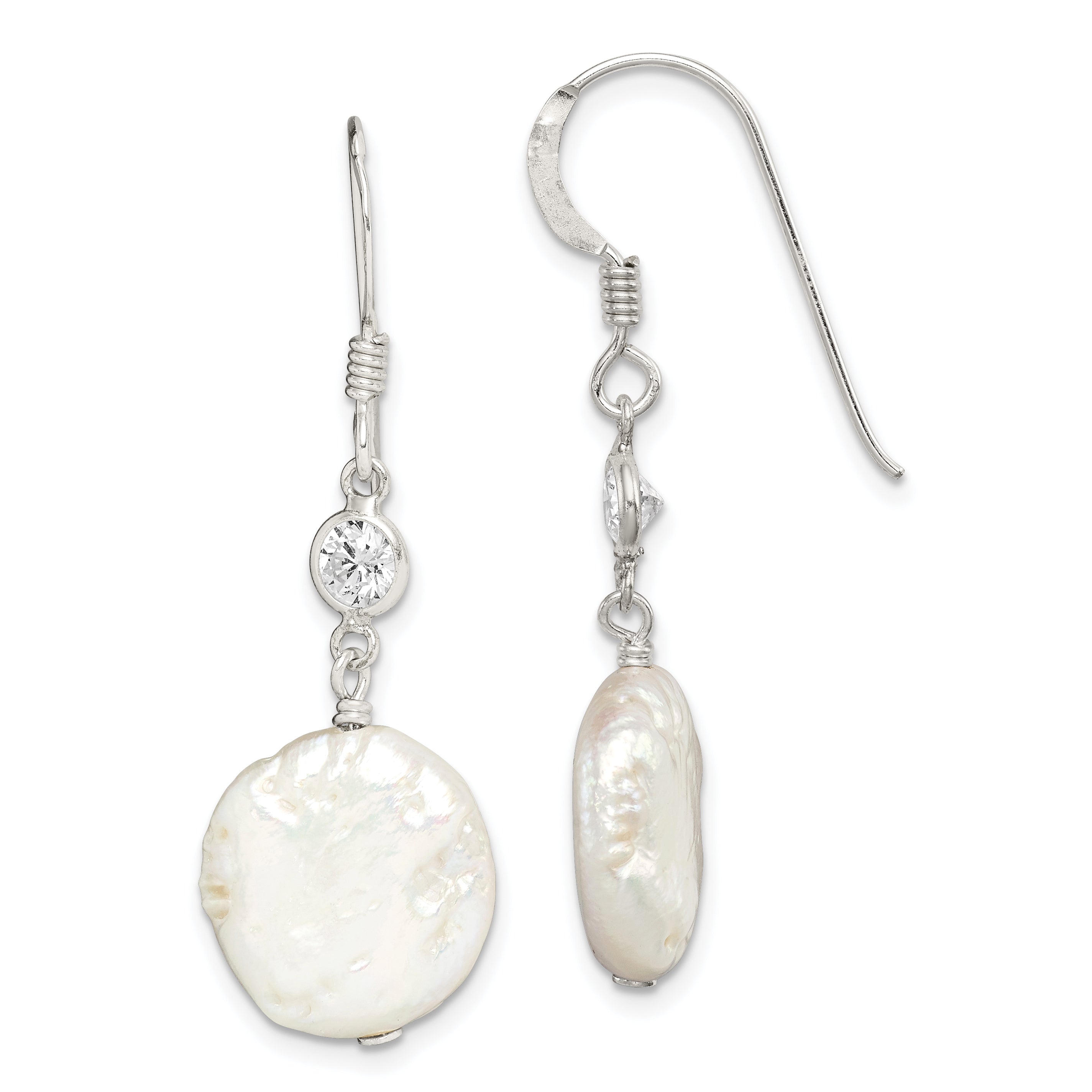 Sterling Silver Polished White 12-13mm Coin Freshwater Cultured Pearl & CZ Dangle Earrings Main image