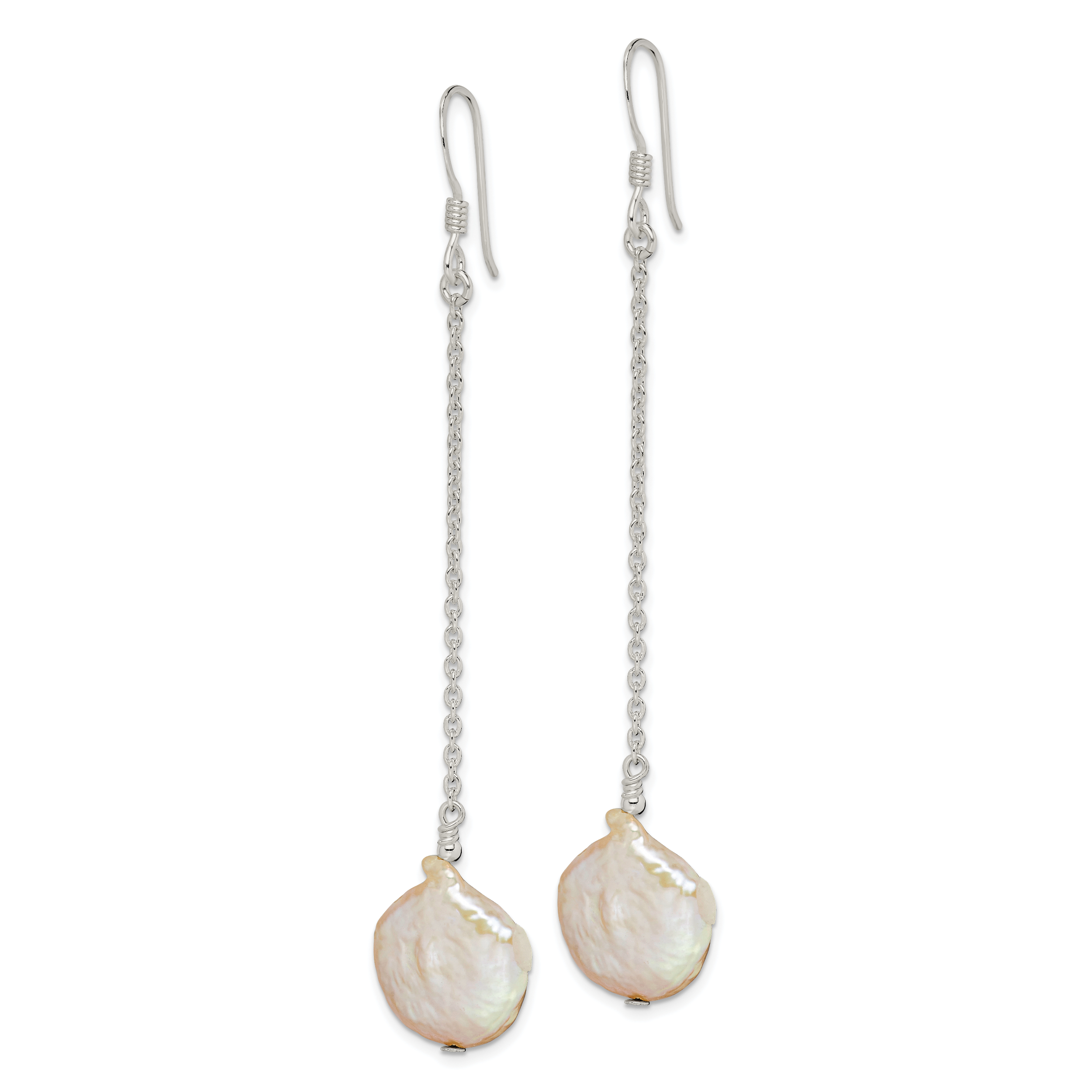 Sterling Silver Polished White 12-13mm Coin Freshwater Cultured Pearl Dangle Earrings Secondary image
