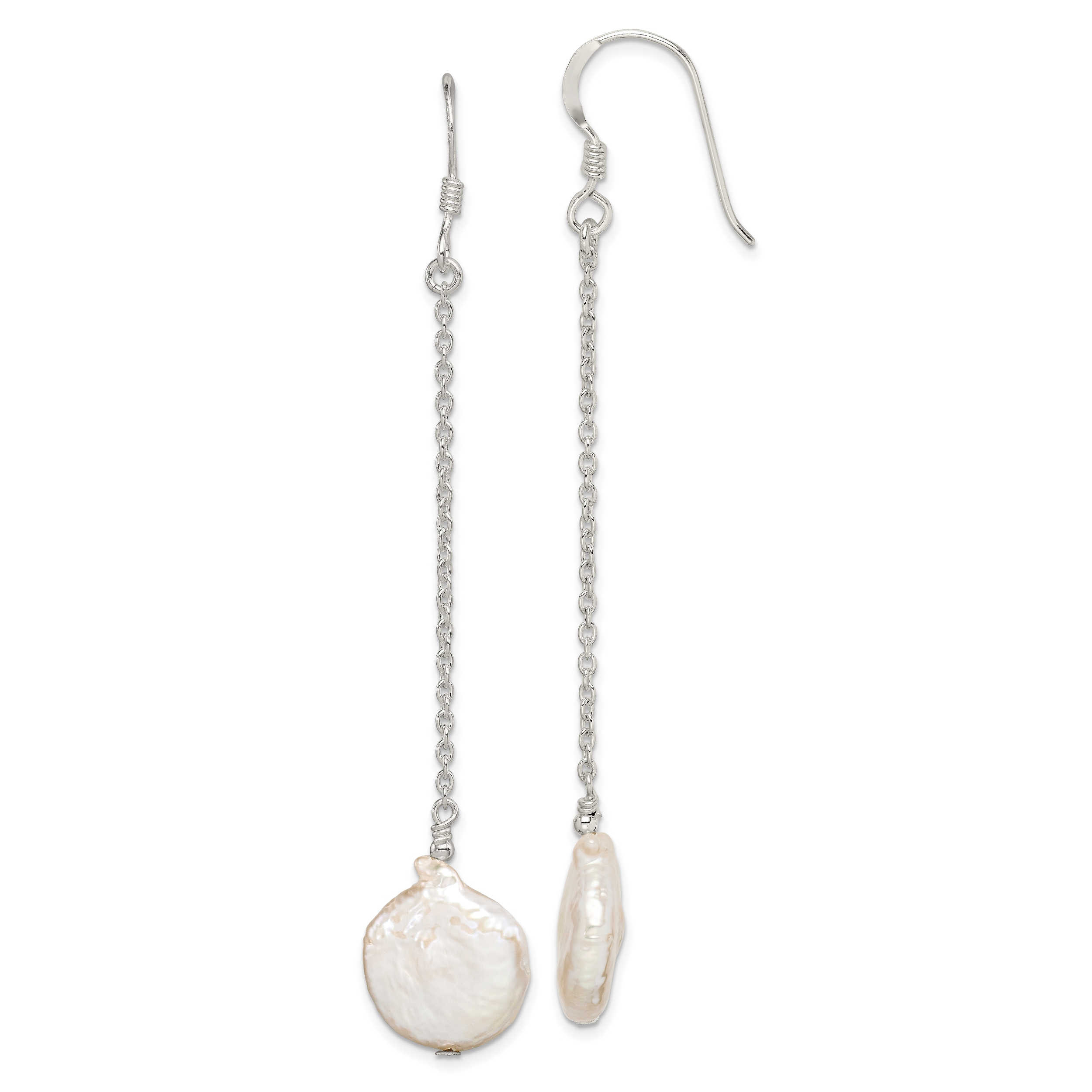 Sterling Silver Polished White 12-13mm Coin Freshwater Cultured Pearl Dangle Earrings Main image