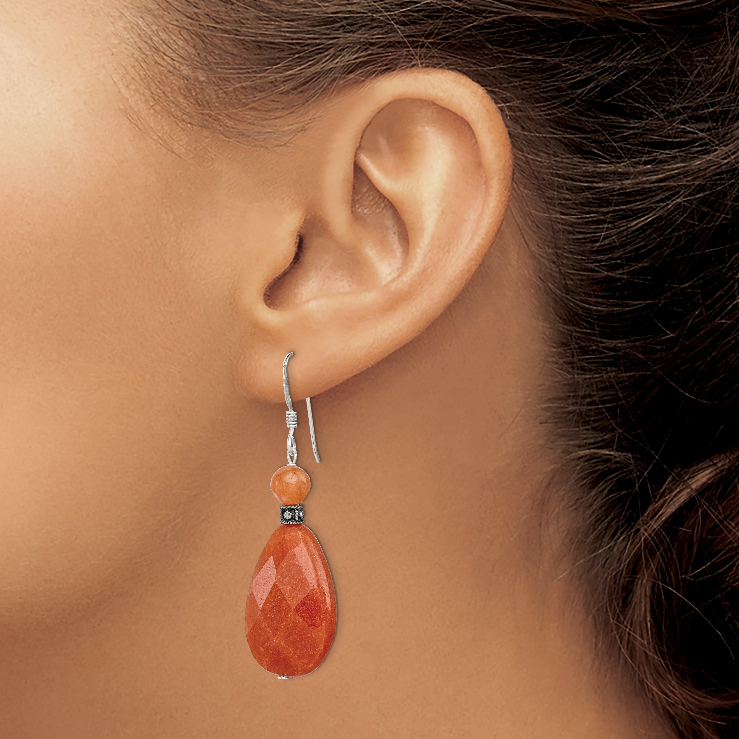 Sterling Silver Polished & Antiqued Carnelian Teardrop Dangle Earrings