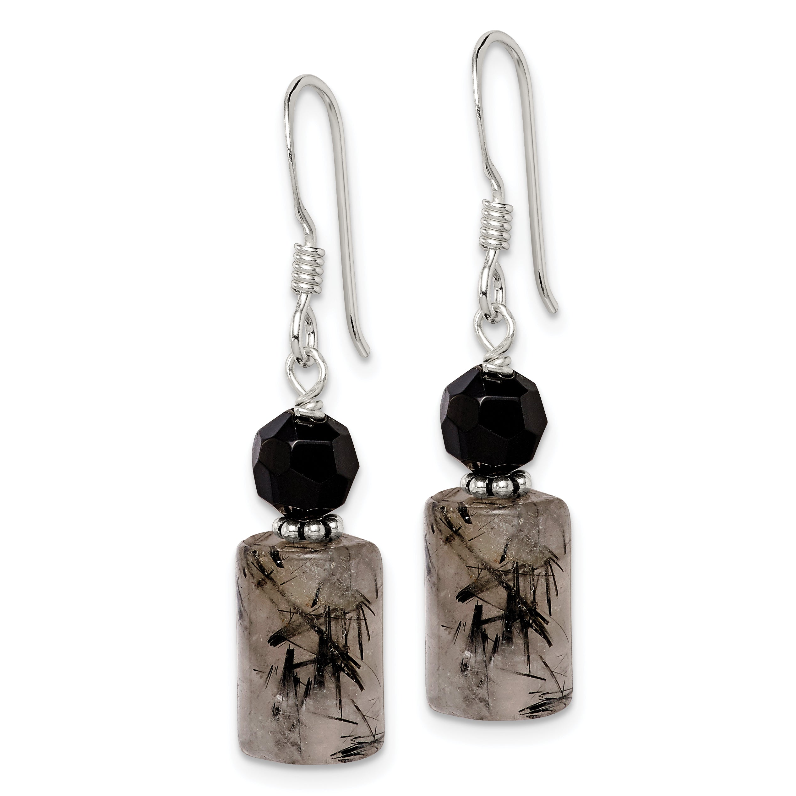 Sterling Silver Polished & Antiqued Black Crystal & Tourmalinated Quartz Dangle Earrings Secondary image