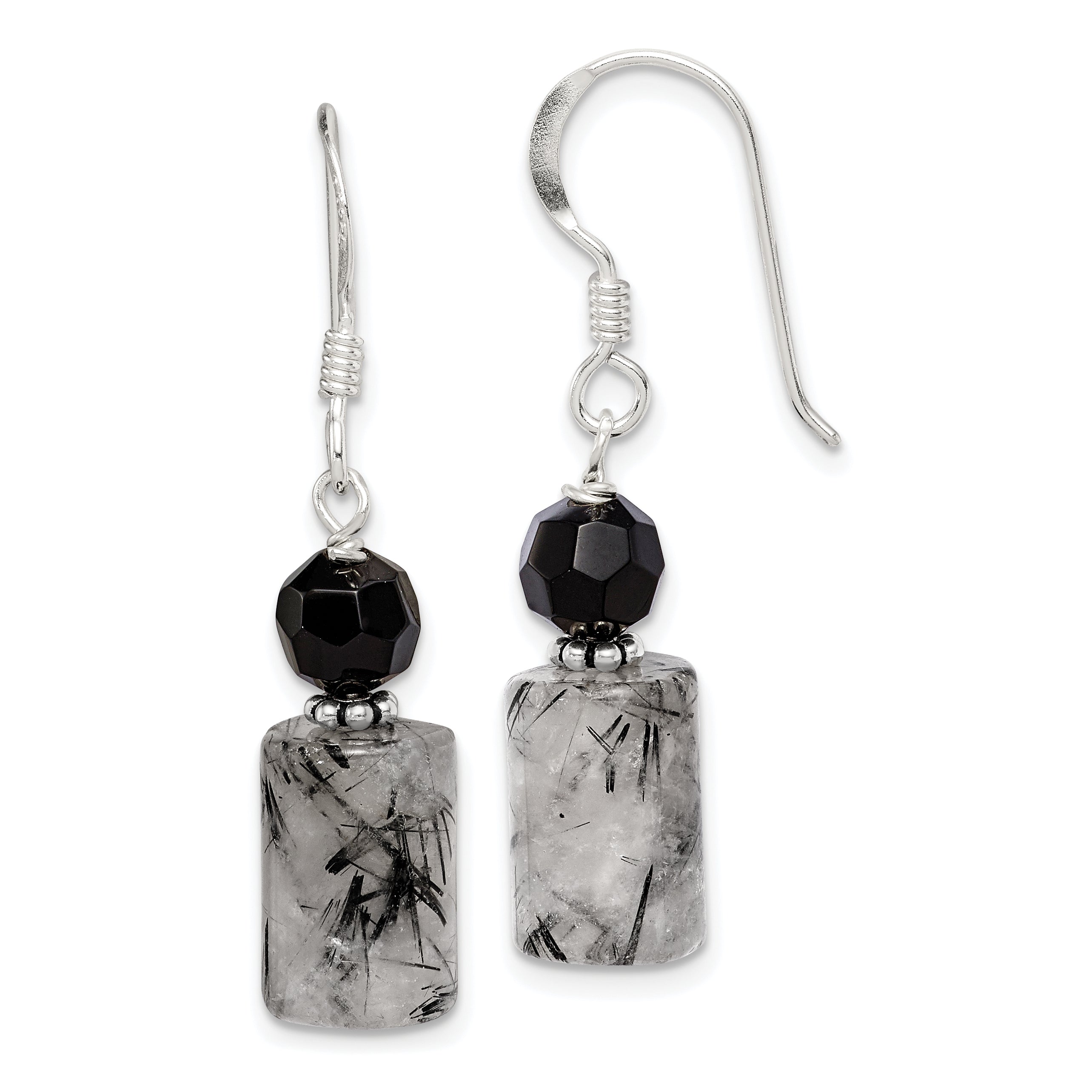 Sterling Silver Polished & Antiqued Black Crystal & Tourmalinated Quartz Dangle Earrings Main image