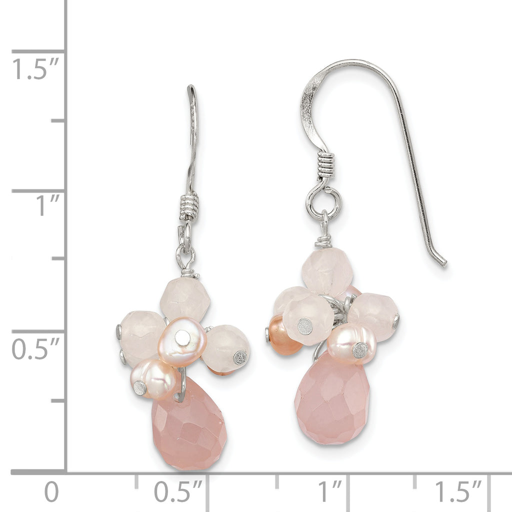 Sterling Silver Rose Quartz and Pink Freshwater Cultured Pearl Dangle Earrings