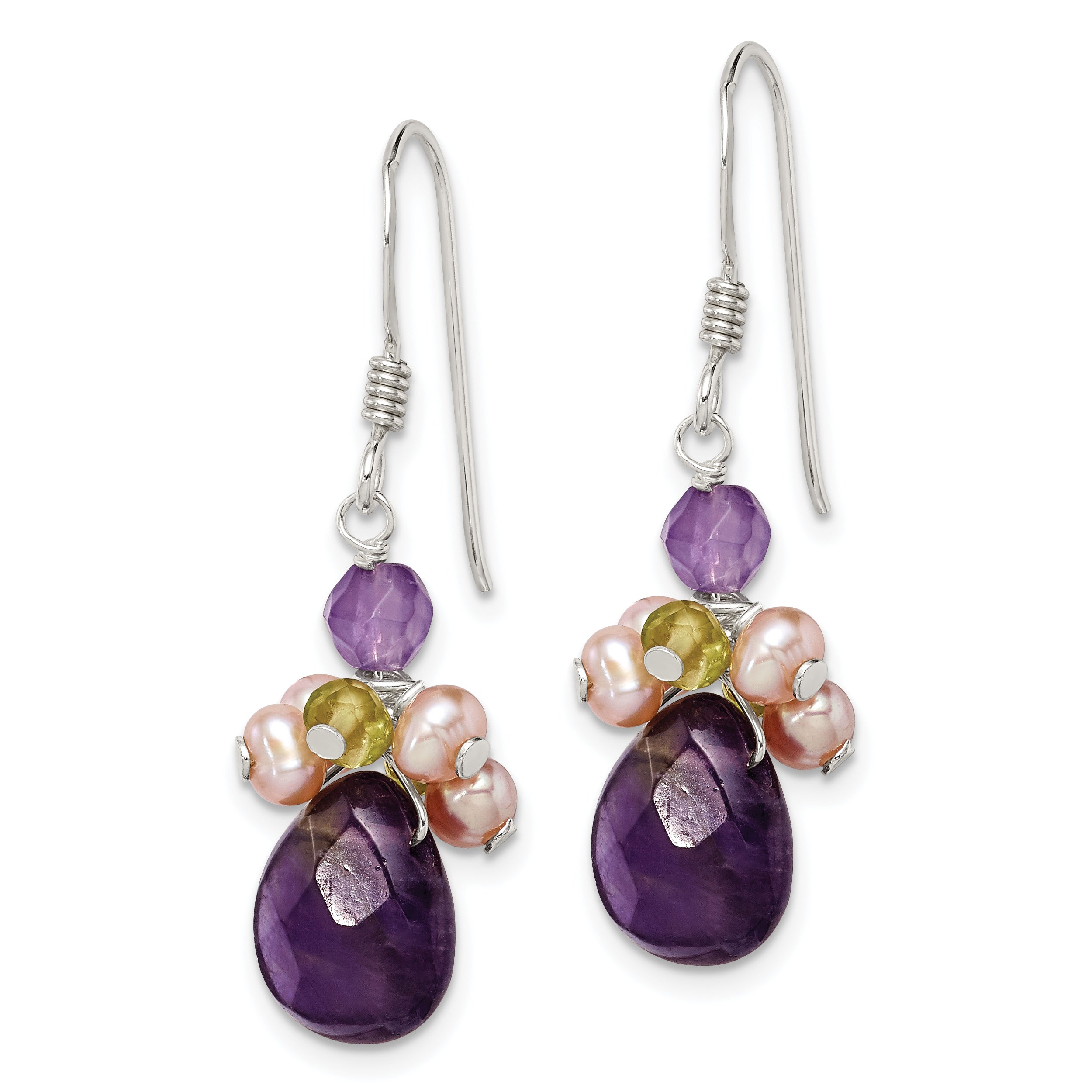 Sterling Silver Amethyst, Peridot & Peach FWC Pearl Dangle Earrings Secondary image