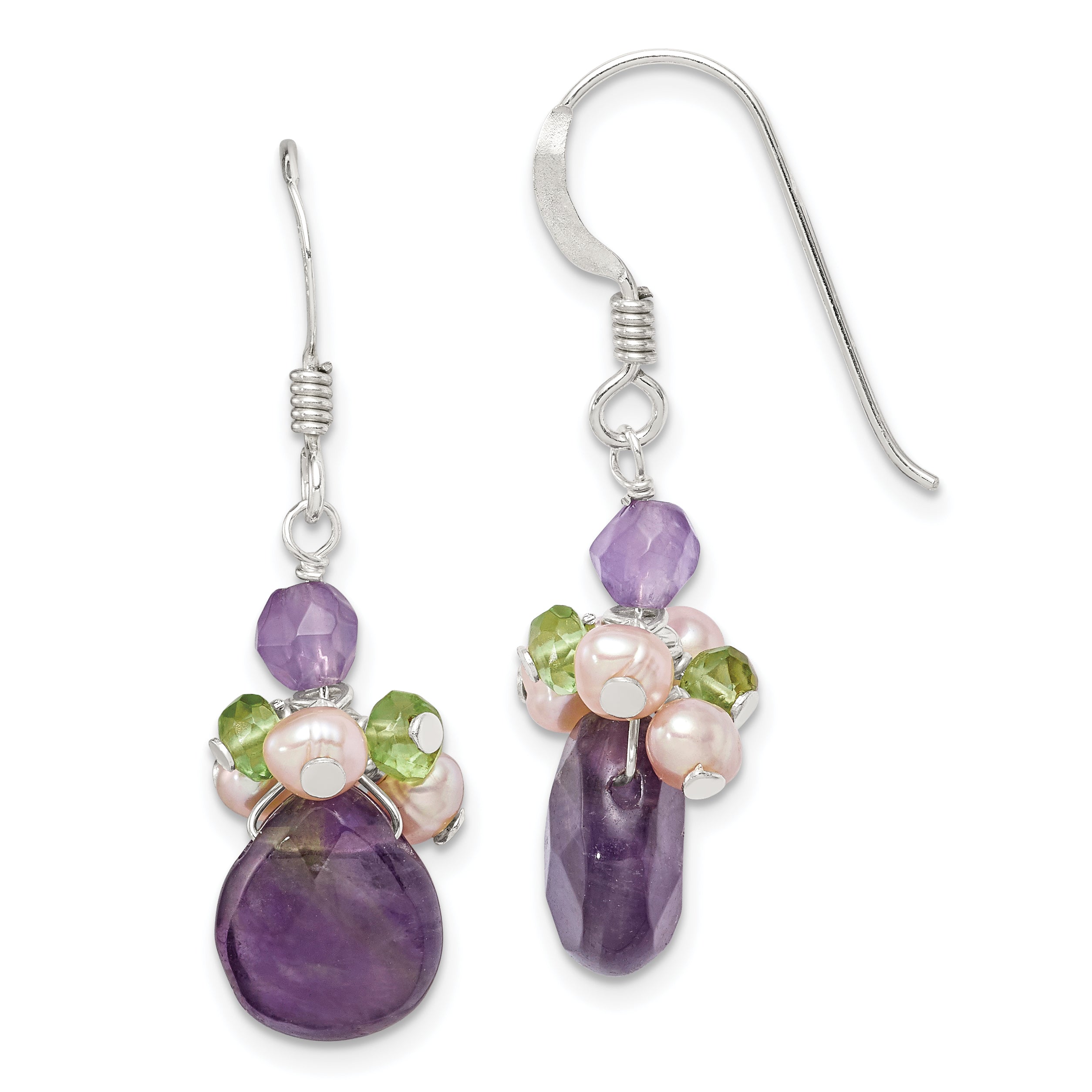 Sterling Silver Amethyst, Peridot & Peach FWC Pearl Dangle Earrings Main image