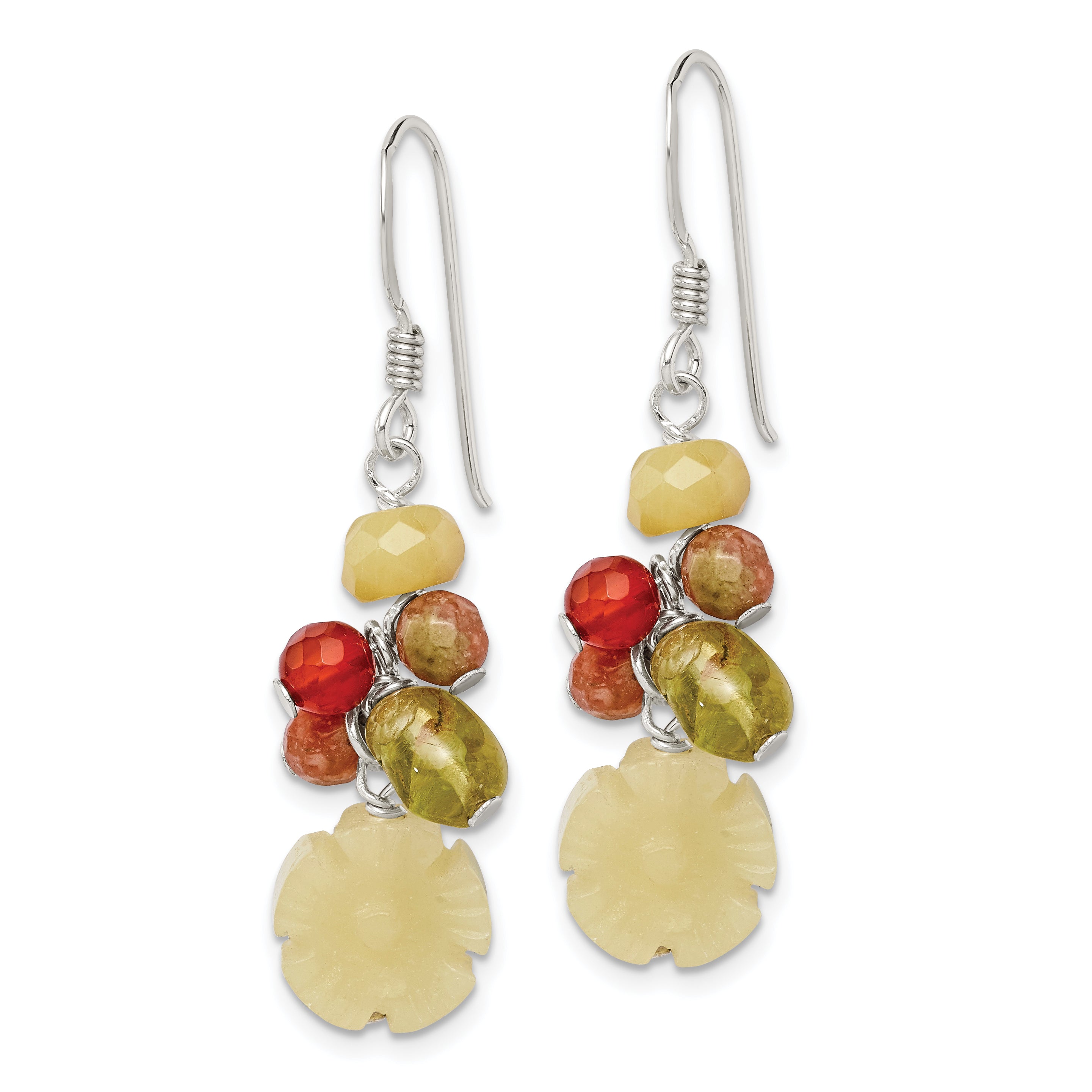 Sterling Silver Polished Jade, Unikite, Peridot, Aventurine & Carnelian Floral Dangle Earrings Secondary image