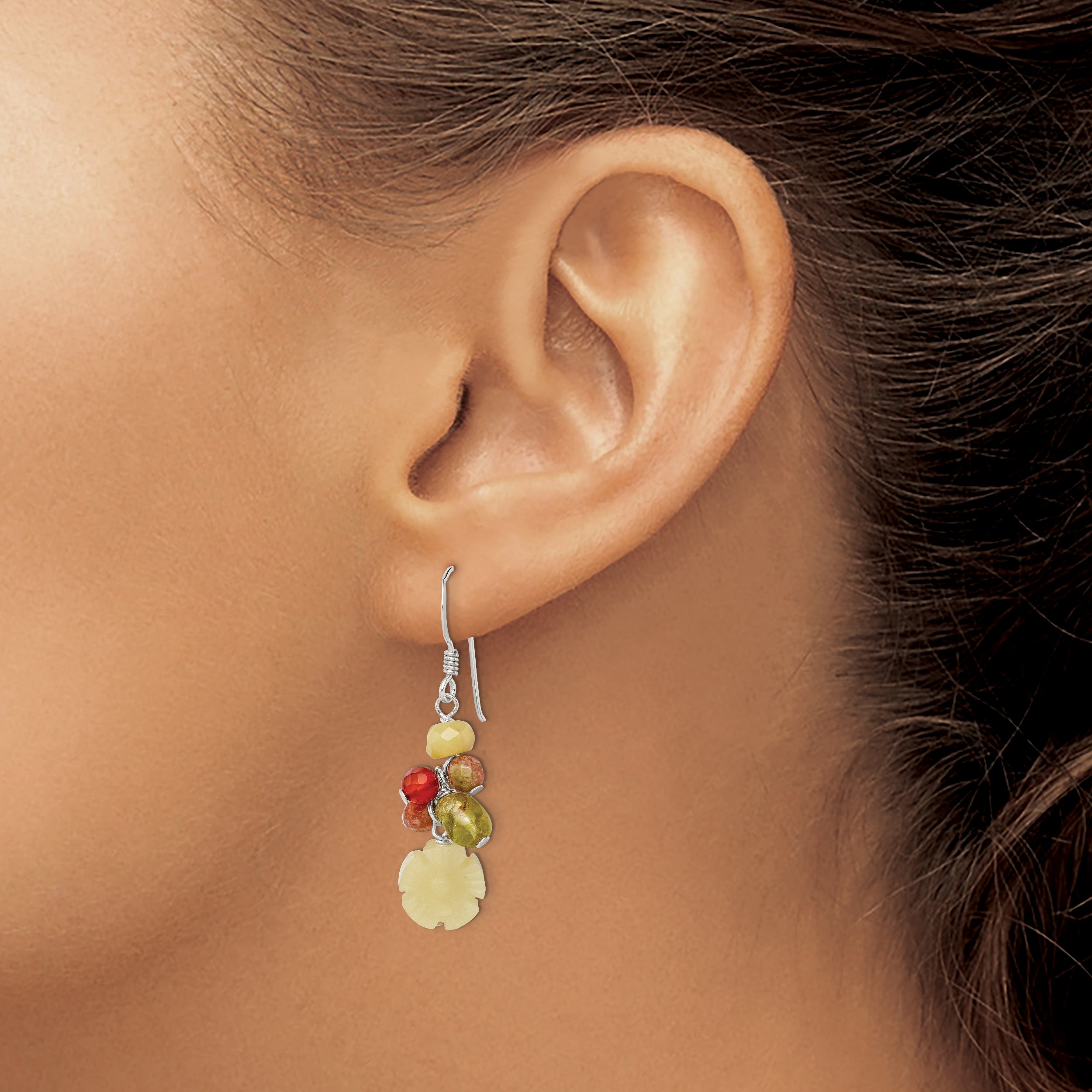 Sterling Silver Polished Jade, Unikite, Peridot, Aventurine & Carnelian Floral Dangle Earrings