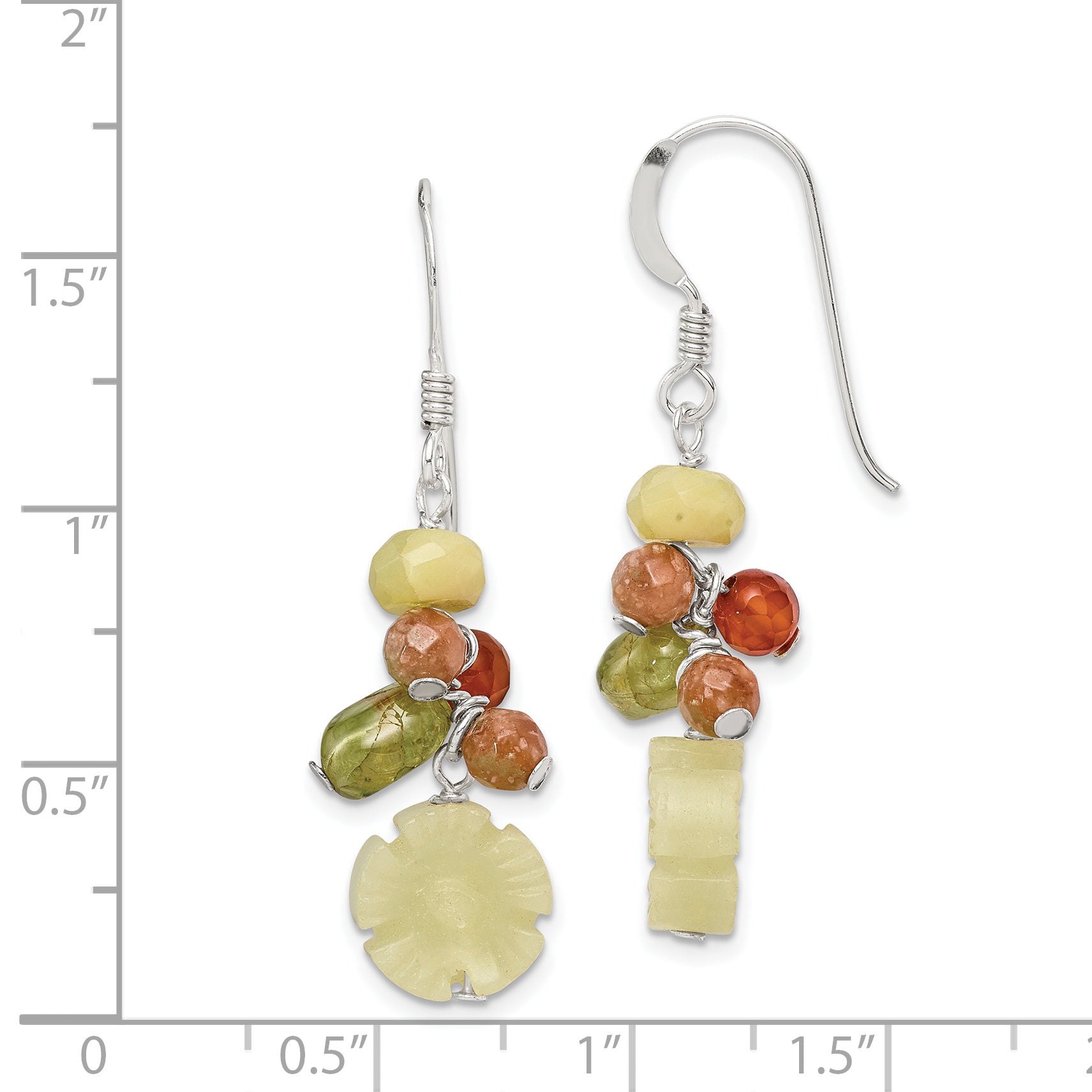 Sterling Silver Polished Jade, Unikite, Peridot, Aventurine & Carnelian Floral Dangle Earrings