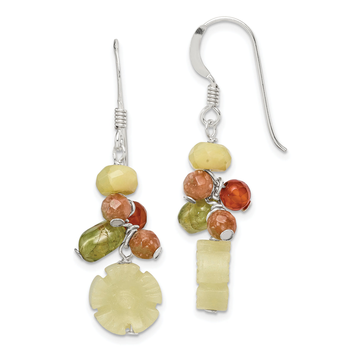 Sterling Silver Polished Jade, Unikite, Peridot, Aventurine & Carnelian Floral Dangle Earrings