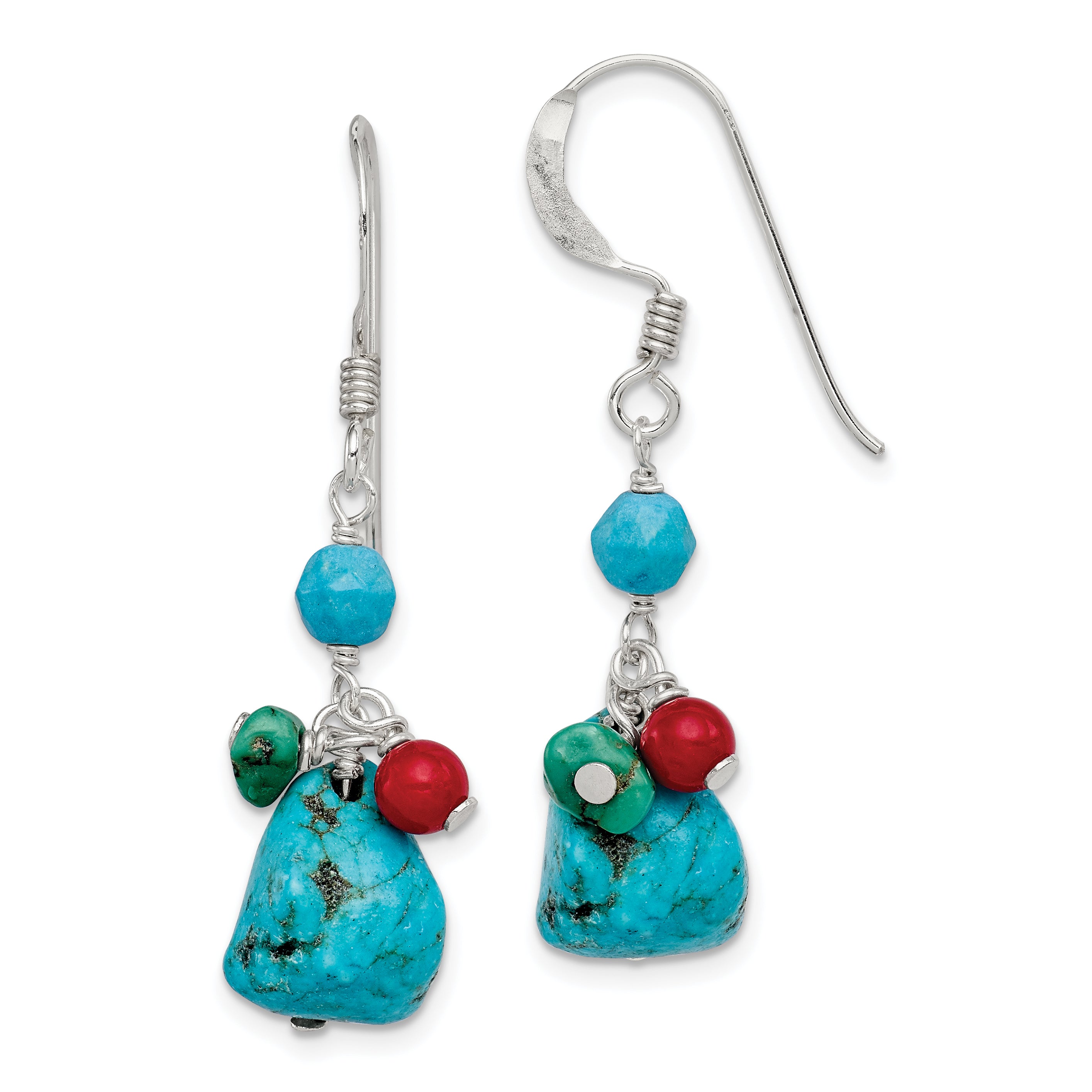 Sterling Silver Dyed Howlite/Turquoise/Red Coral Earrings