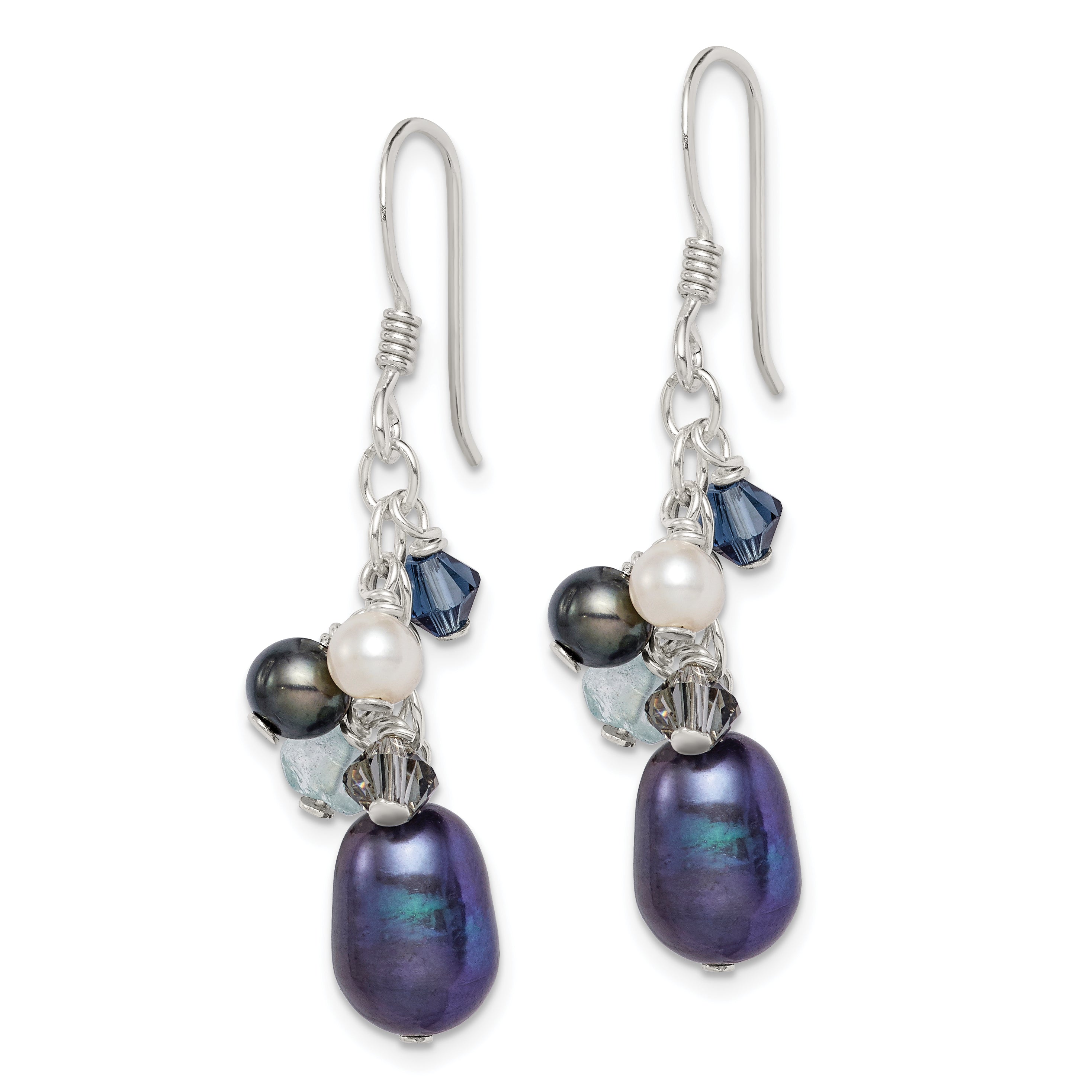 Sterling Silver Polished Blue & Black Crystal, Black and White Freshwater Cultured Pearl Dangle Earrings Secondary image