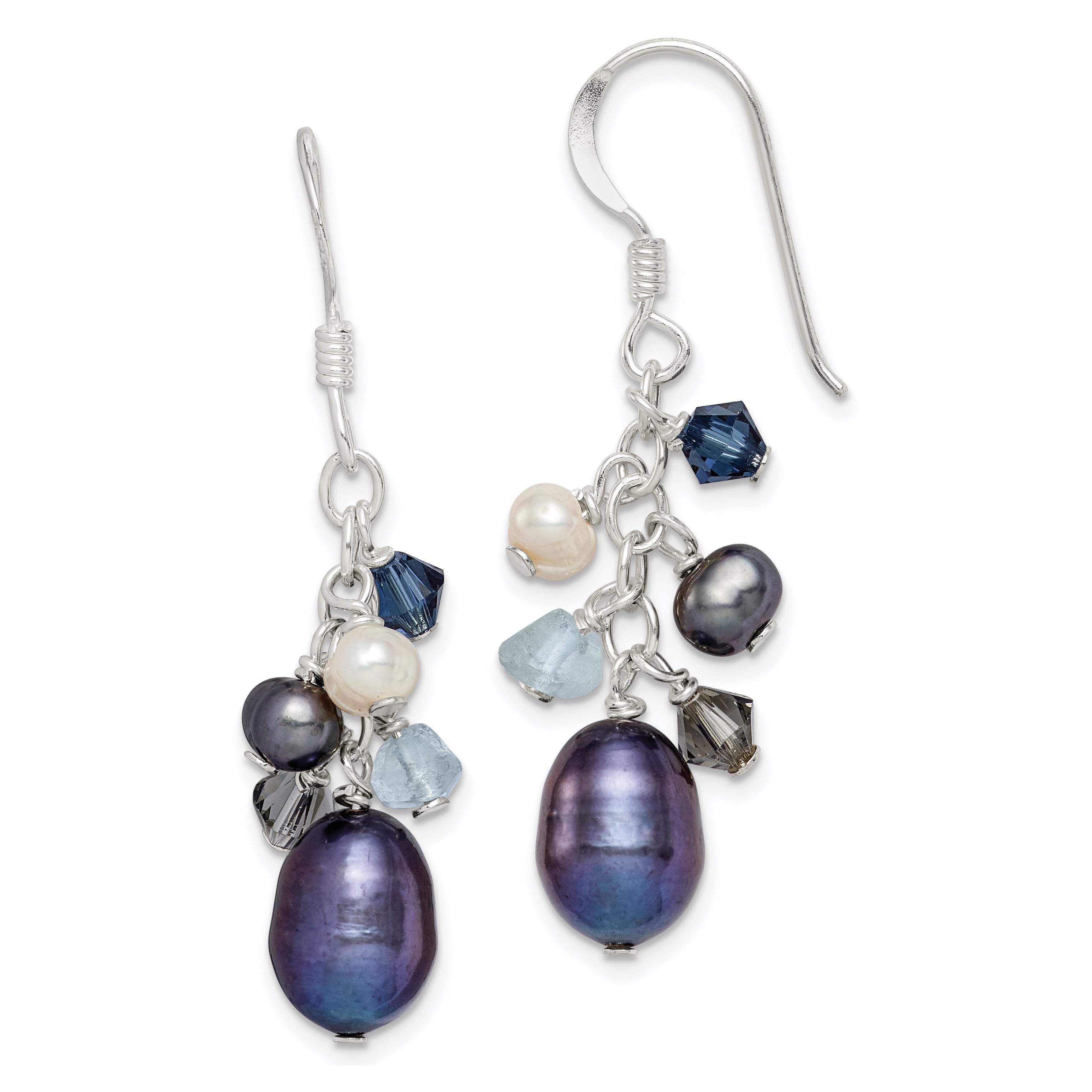 Sterling Silver Polished Blue & Black Crystal, Black and White Freshwater Cultured Pearl Dangle Earrings Main image