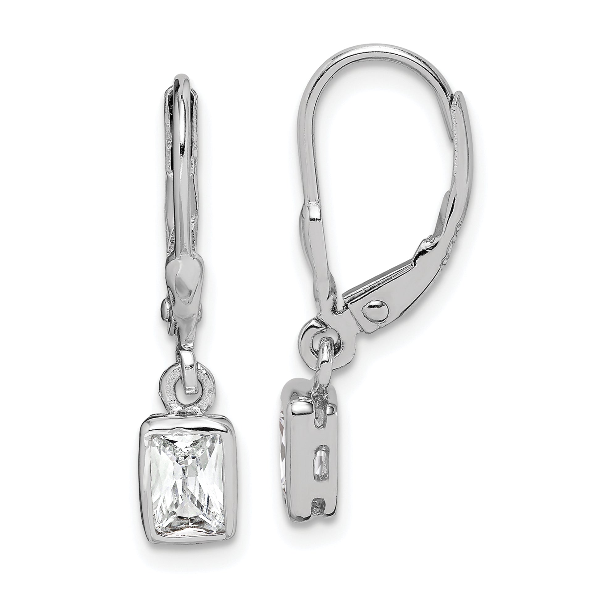 Sterling Silver Rhodium-plated Emerald-cut 6x4mm CZ Leverback Earrings Main image