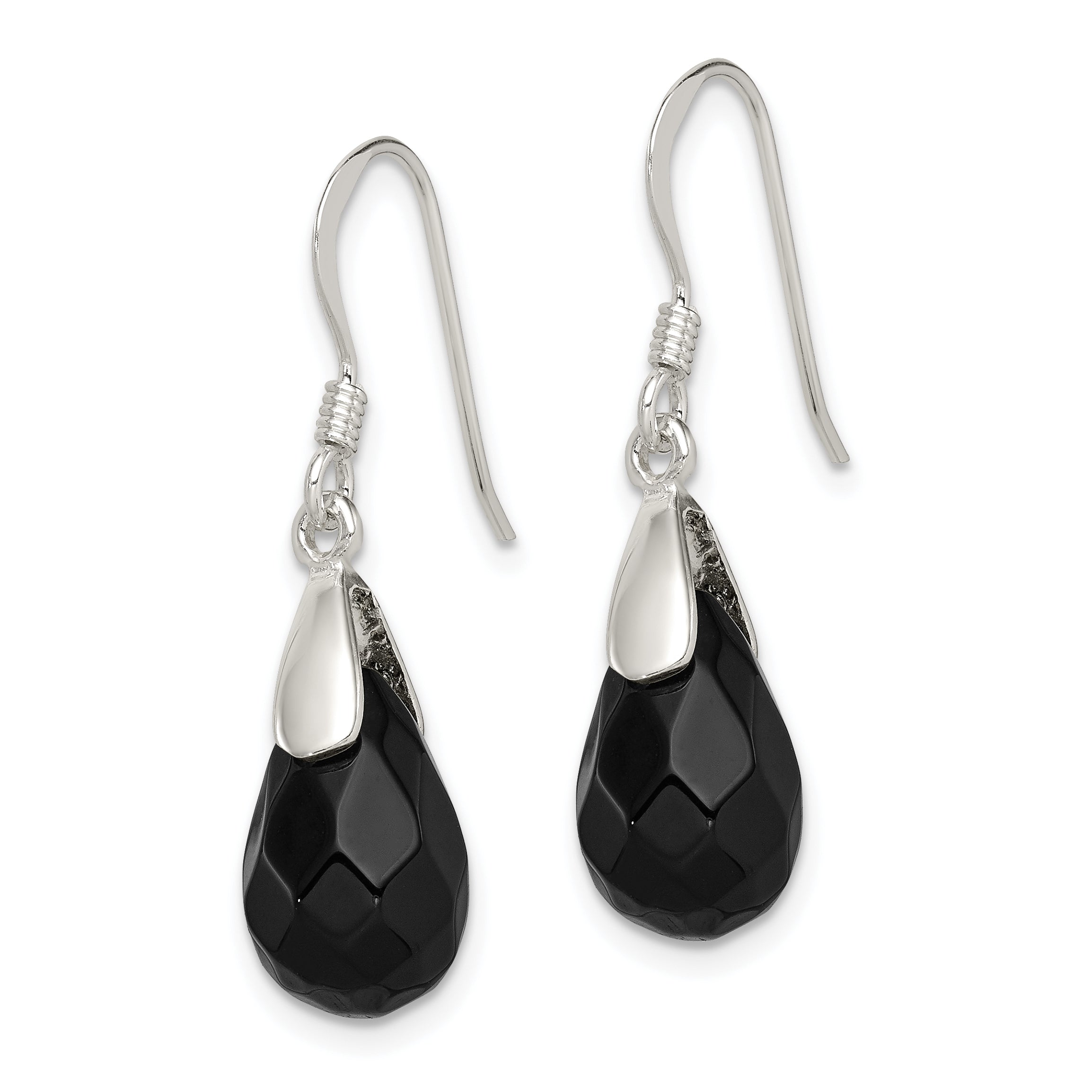 Sterling Silver Polished Faceted Onyx Teardrop Dangle Earrings Secondary image