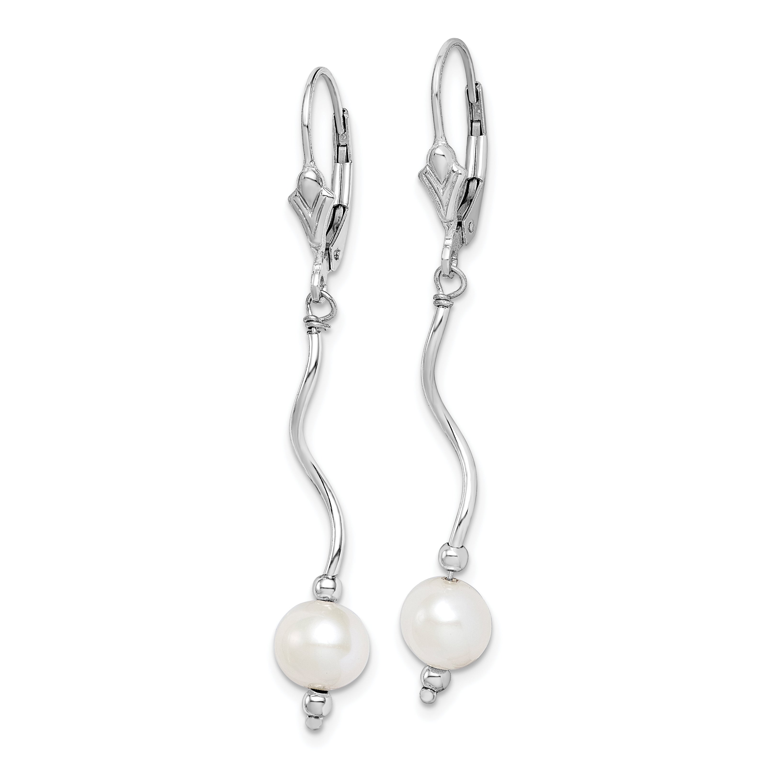 Sterling Silver Rhodium-plated Polished Twist White 6-7mm Freshwater Cultured Pearl Leverback Dangle Earrings Secondary image