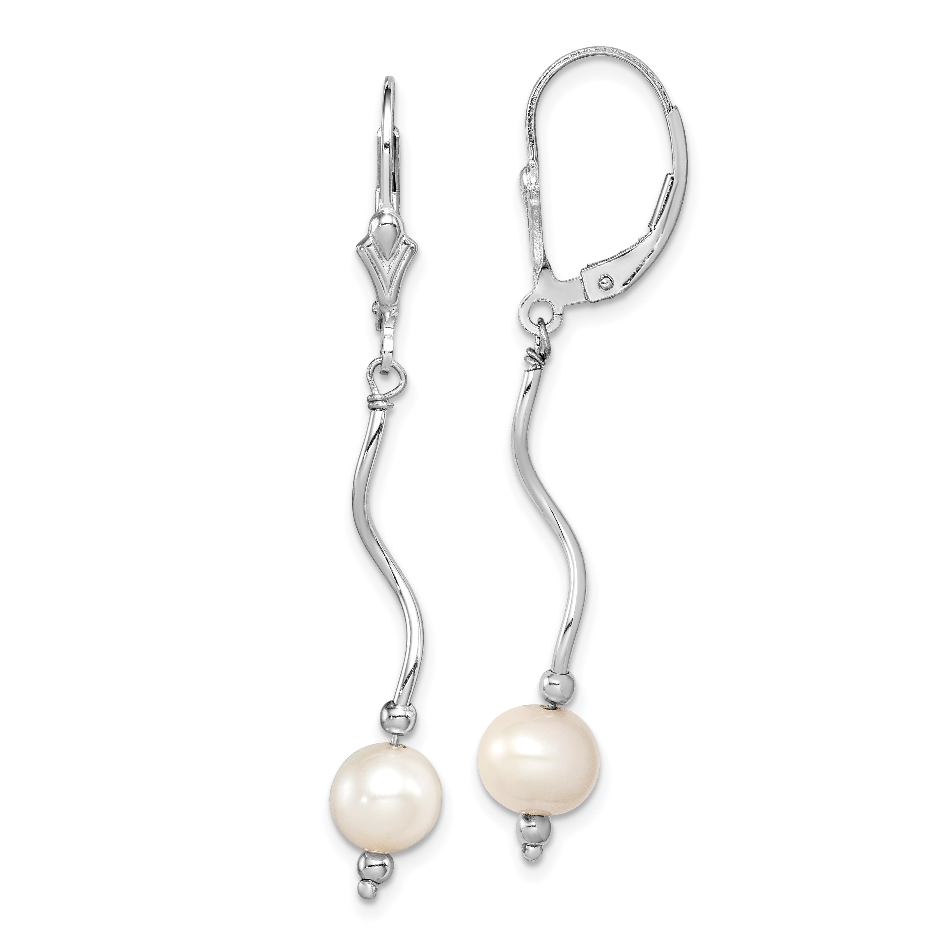 Sterling Silver Rhodium-plated Polished Twist White 6-7mm Freshwater Cultured Pearl Leverback Dangle Earrings Main image