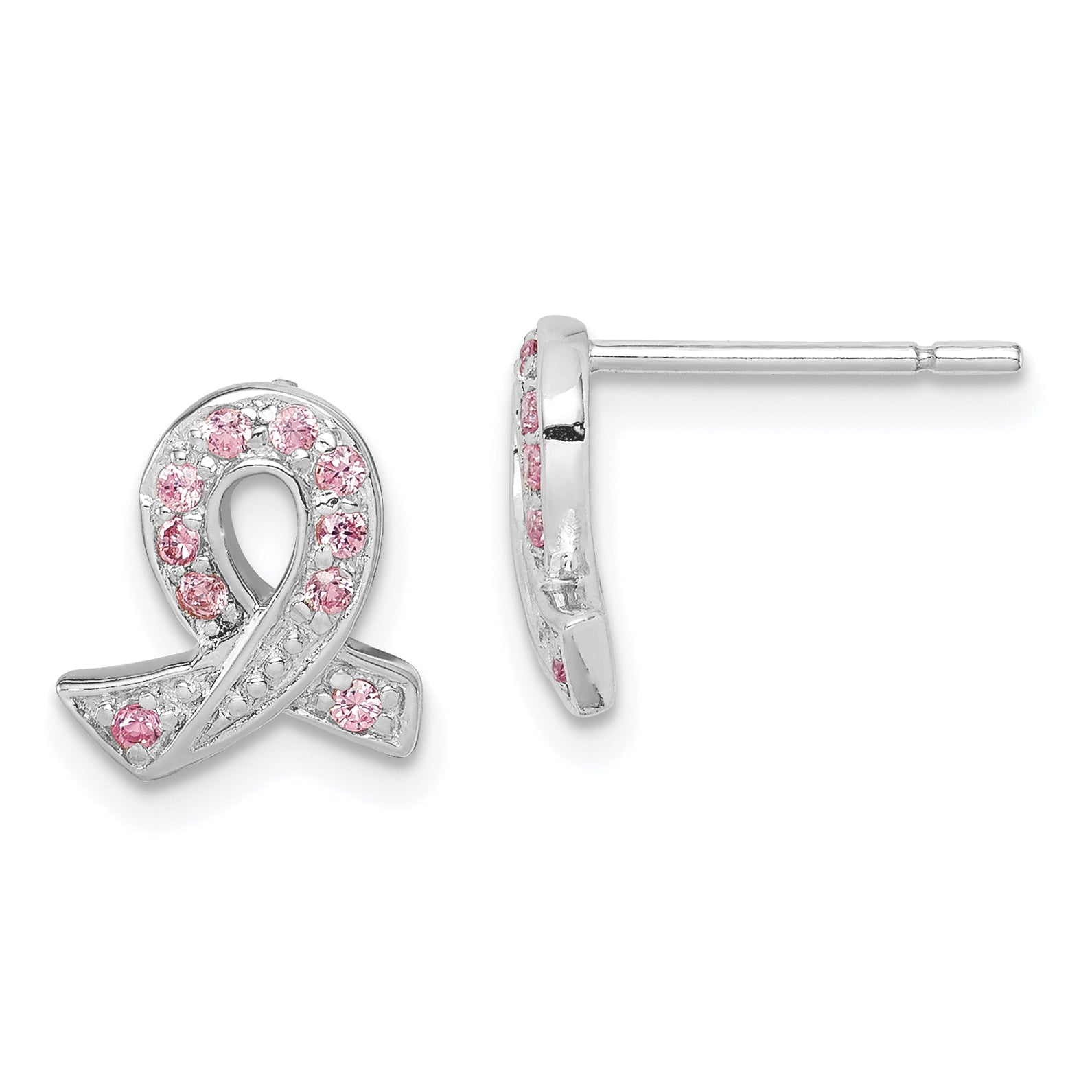 Sterling Silver Rhodium-plated Pink CZ Ribbon Earrings Main image
