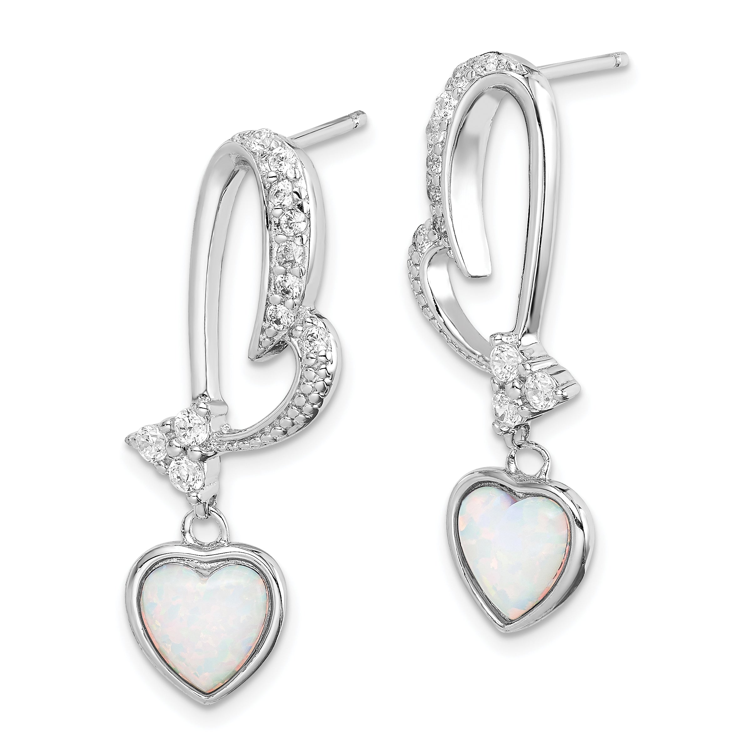 Sterling Silver Rhodium plated Created Opal and CZ Heart Earrings Secondary image
