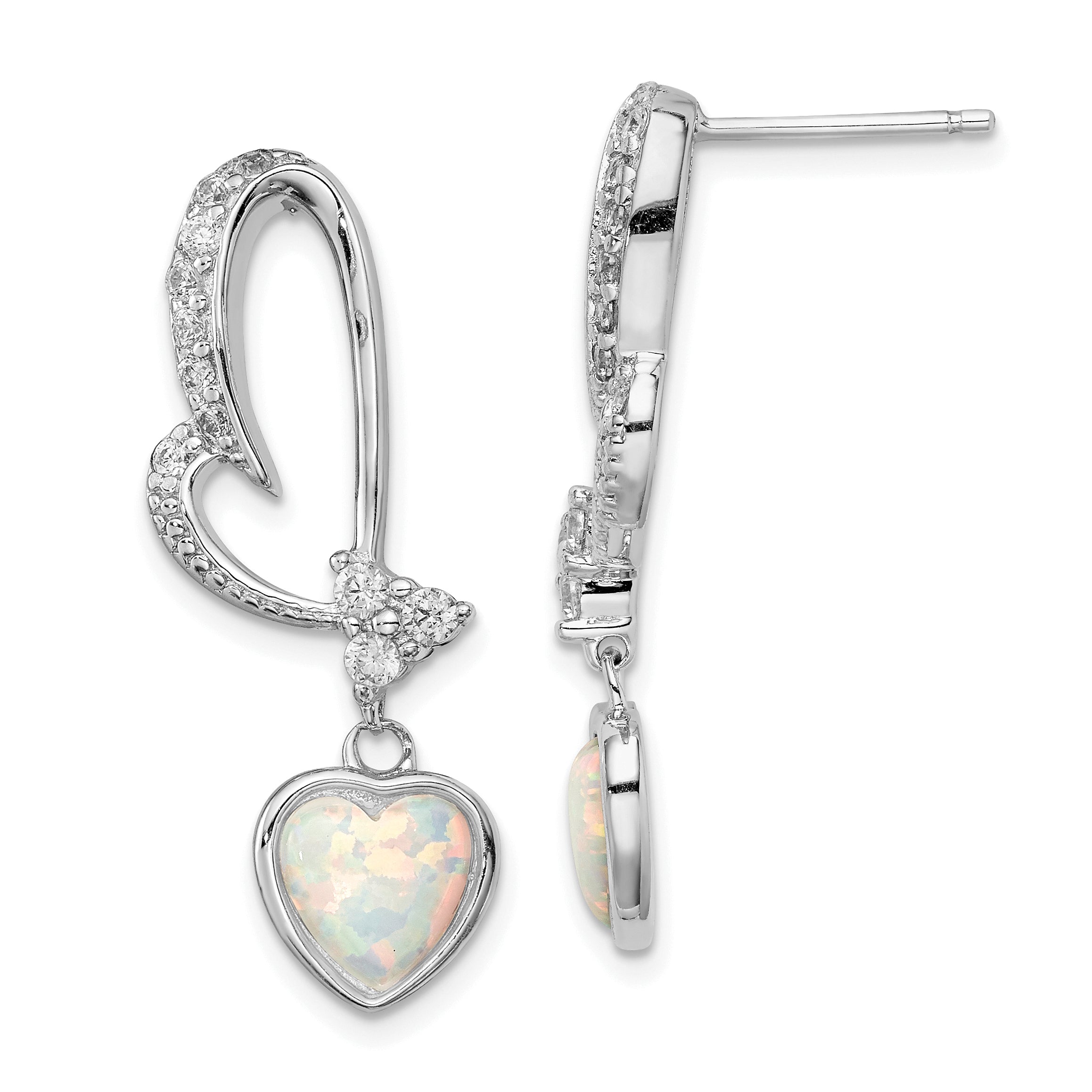 Sterling Silver Rhodium plated Created Opal and CZ Heart Earrings Main image