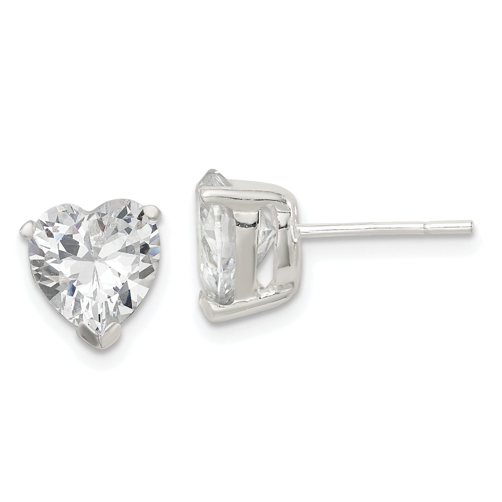 Sterling Silver Polished 8mm Heart 3 Prong Basket Set CZ Stud Earrings