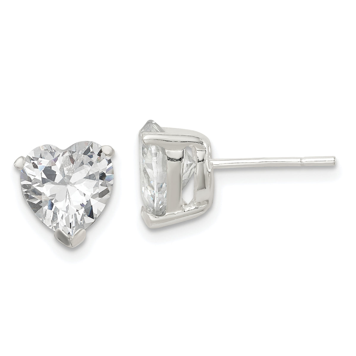 Sterling Silver Polished 8mm Heart 3 Prong Basket Set CZ Stud Earrings