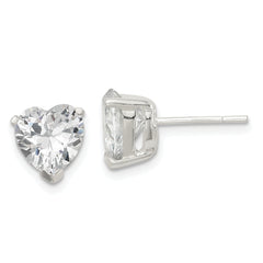 Sterling Silver Polished 8mm Heart 3 Prong Basket Set CZ Stud Earrings