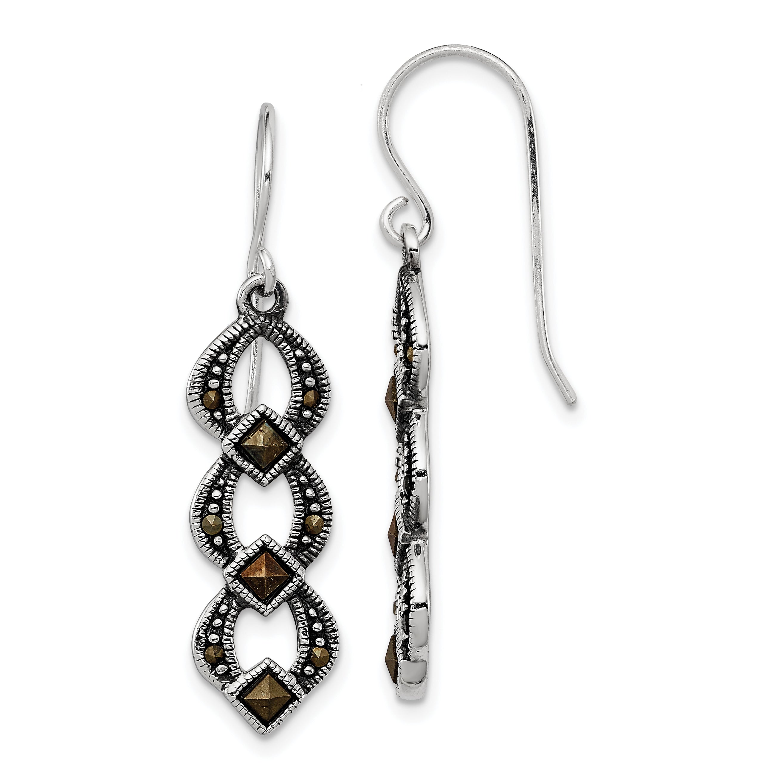 Sterling Silver Rhodium-plated Antiqued & Textured Marcasite Dangle Earring Main image