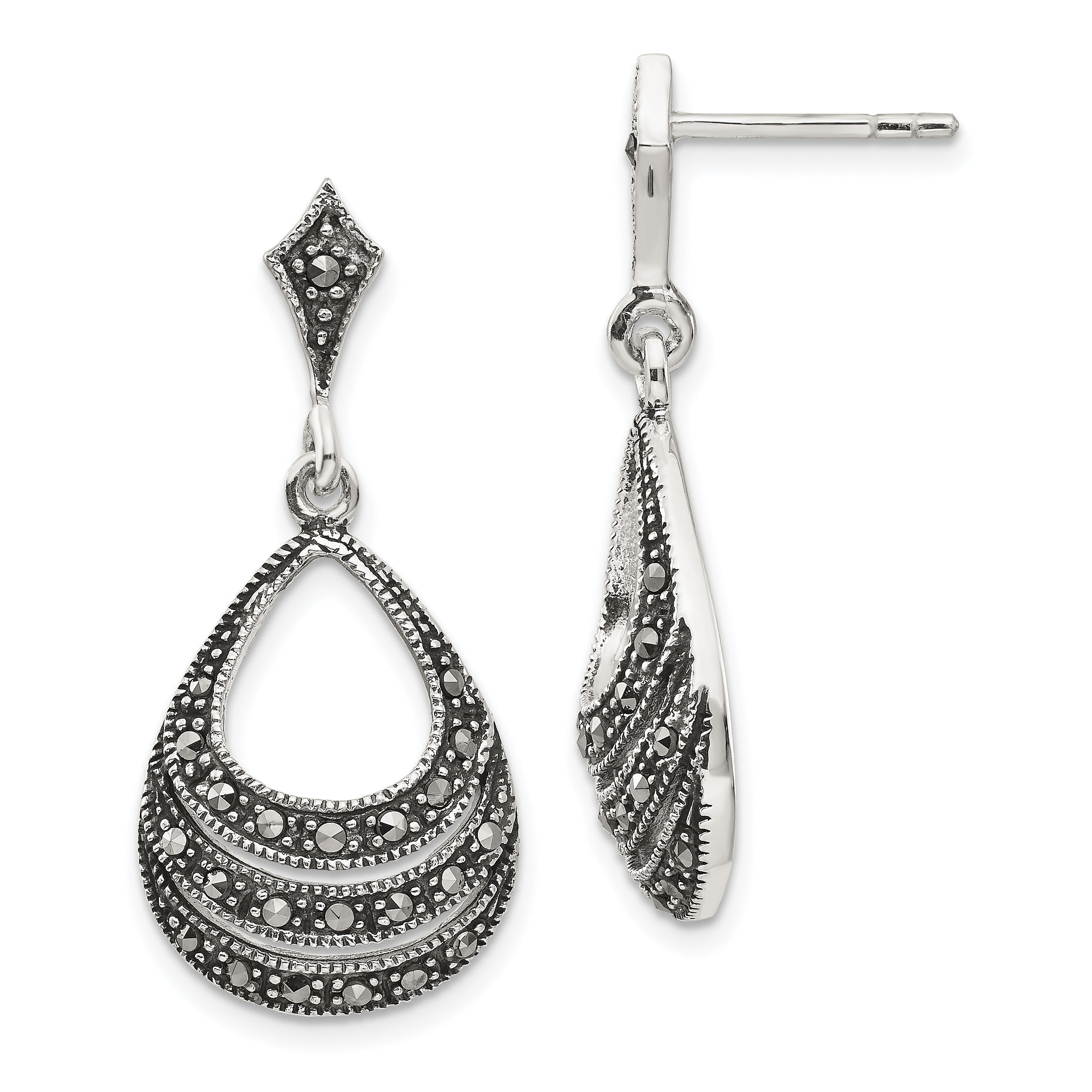 Sterling Silver RH-plated Textured Marcasite Teardrop Post Dangle Earrings Main image