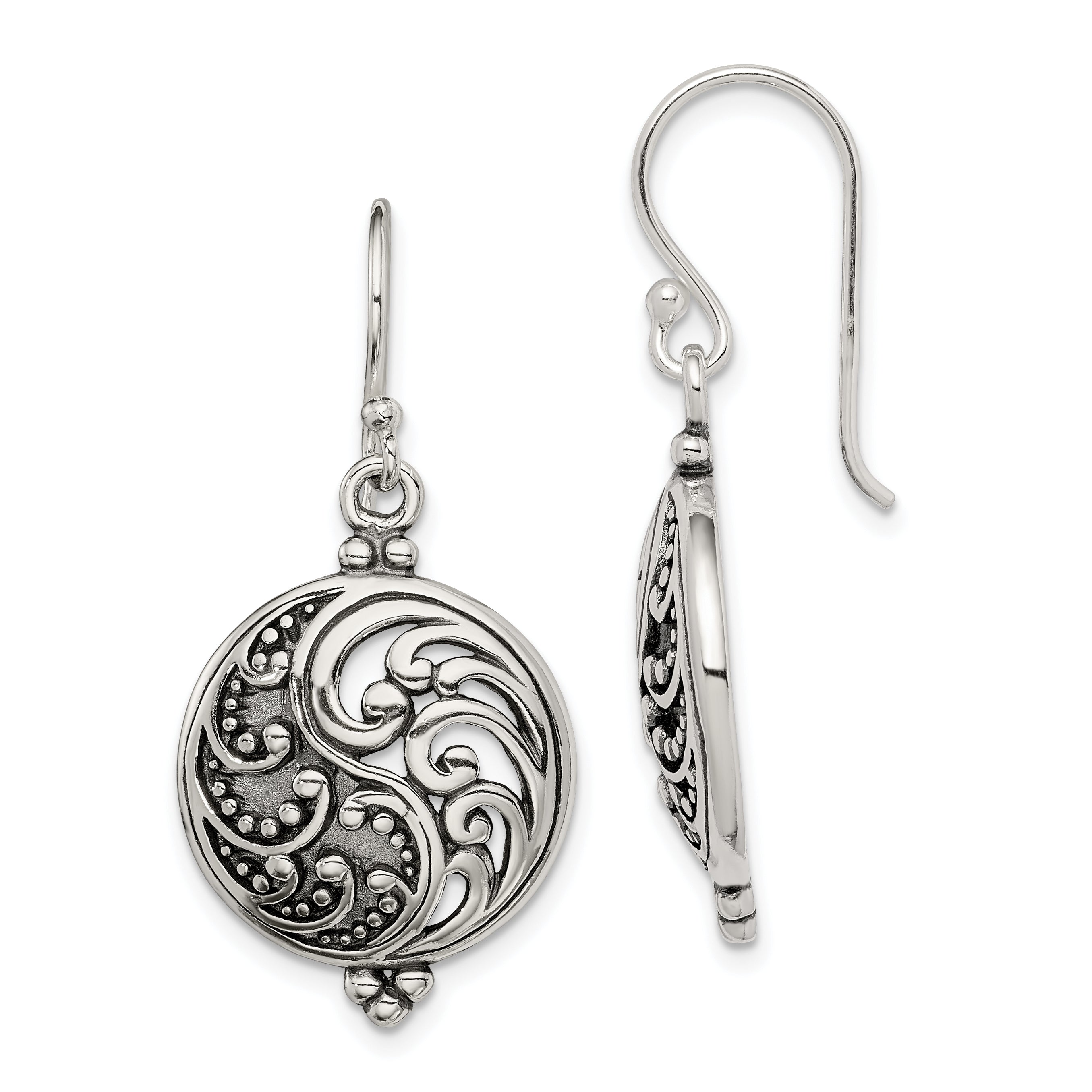 Sterling Silver Polished & Antiqued Filigree Yin and Yang Dangle Earrings Main image