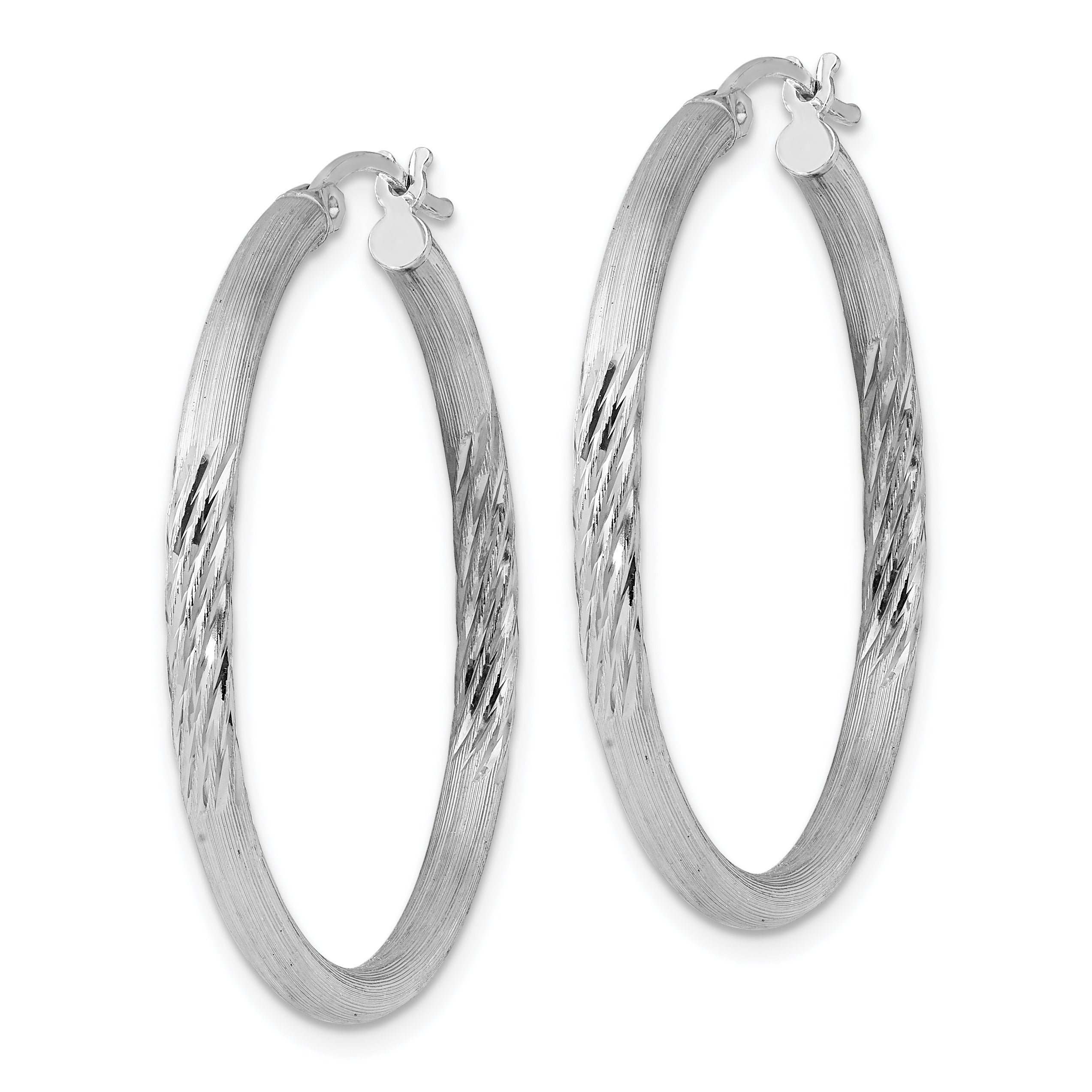 Sterling Silver Rhod-plated 2.5mm Polished/Satin Diamond-cut Hoop Earrings Secondary image