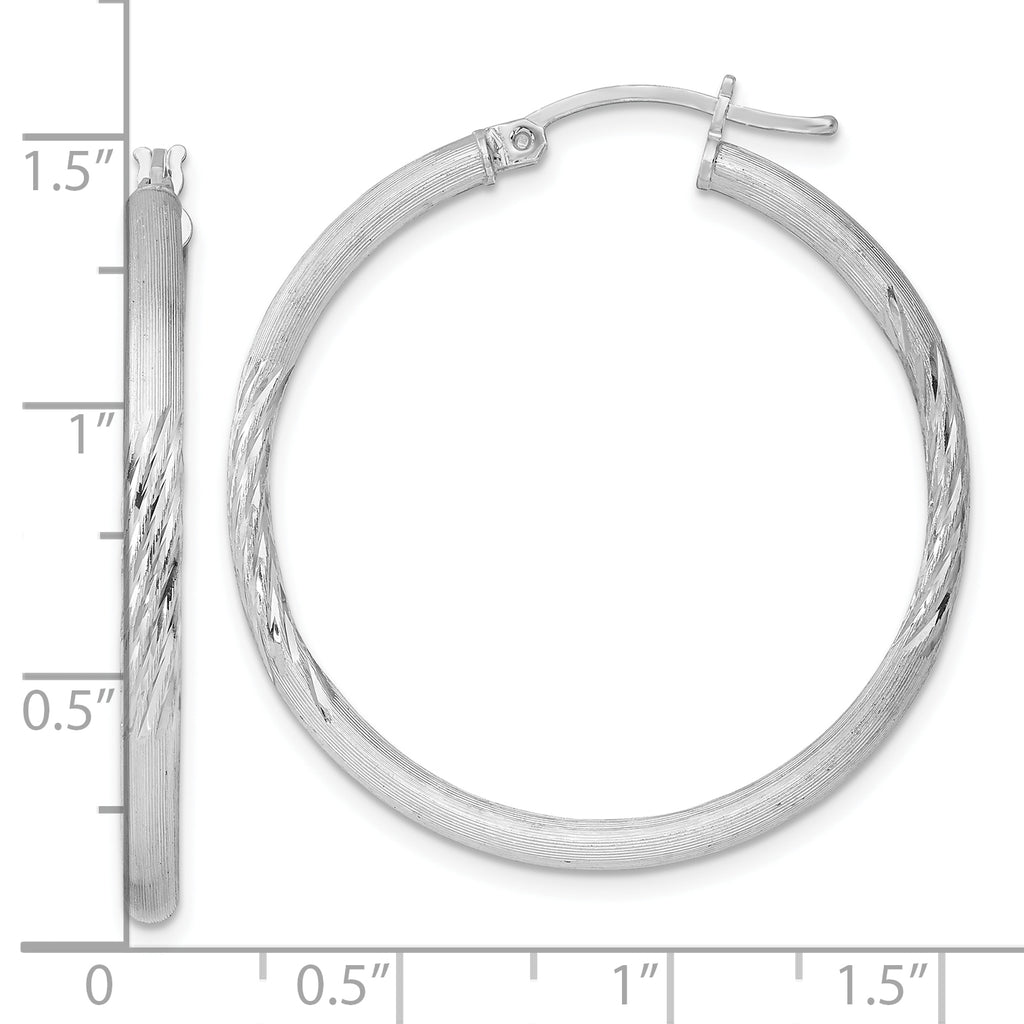 Sterling Silver Rhod-plated 2.5mm Polished/Satin Diamond-cut Hoop Earrings
