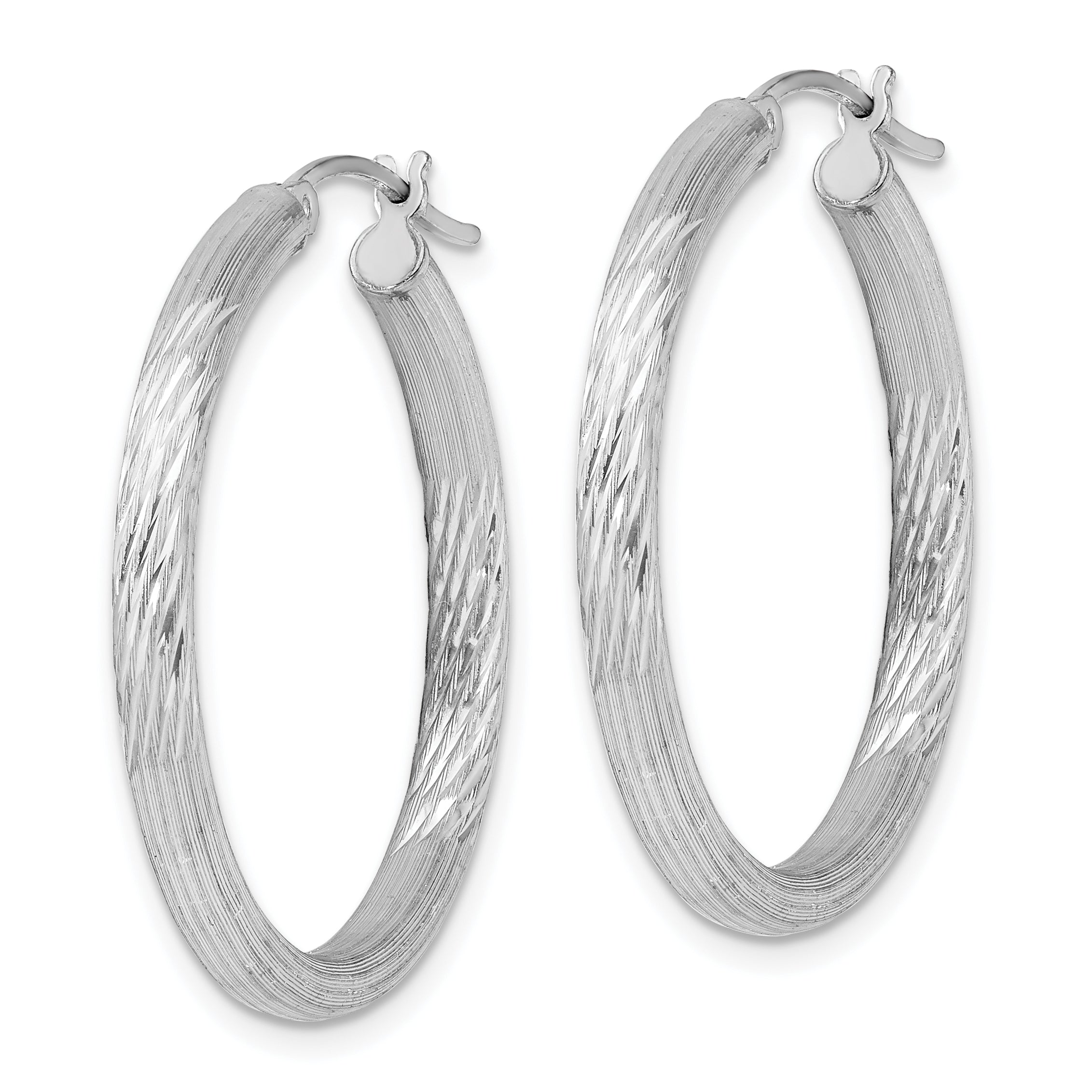 Sterling Silver Rhodium-plated 3mm Polished/Satin Diamond-cut Hoop Earrings Secondary image