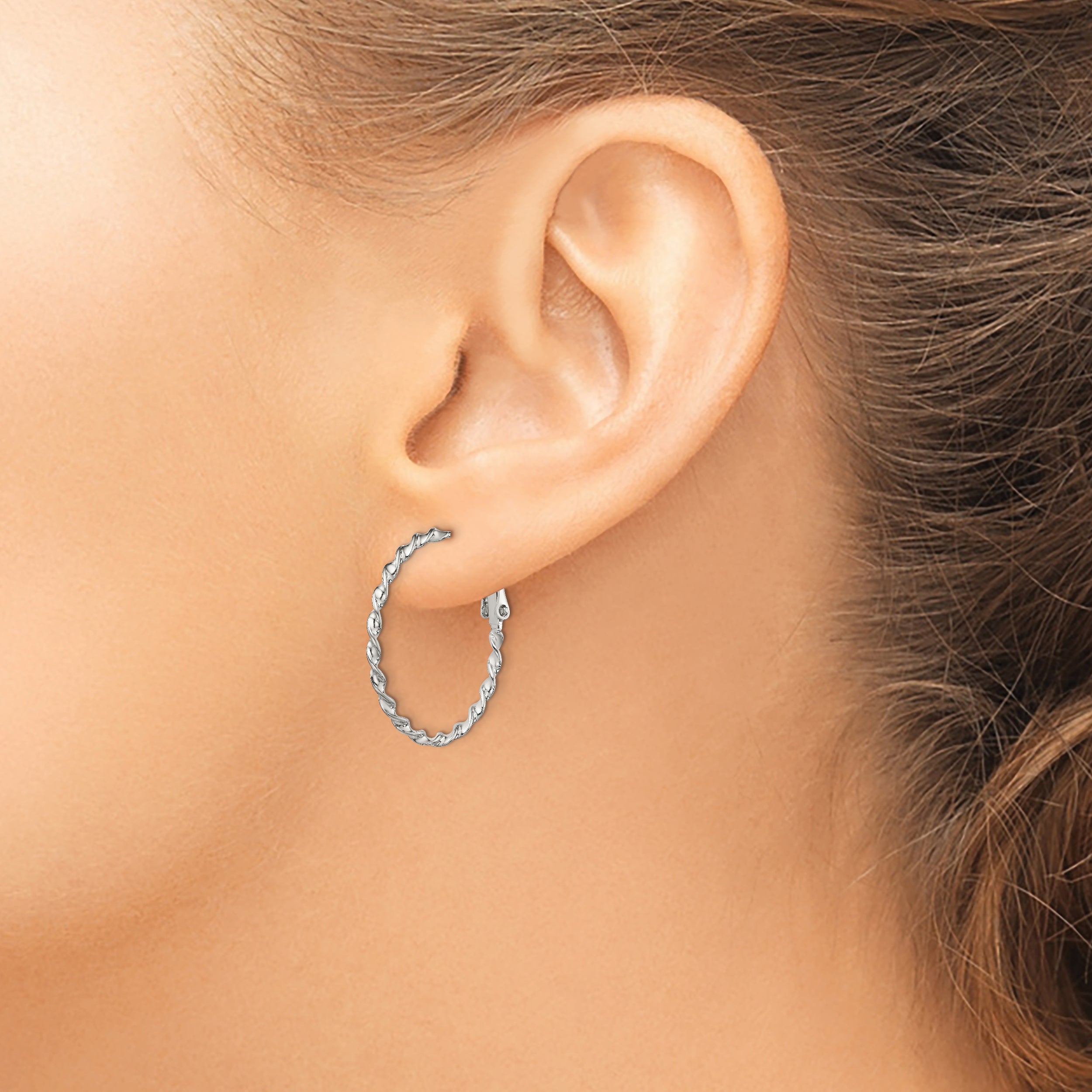 Sterling Silver Rhodium-plated Twisted Omega Back Hoop Earrings