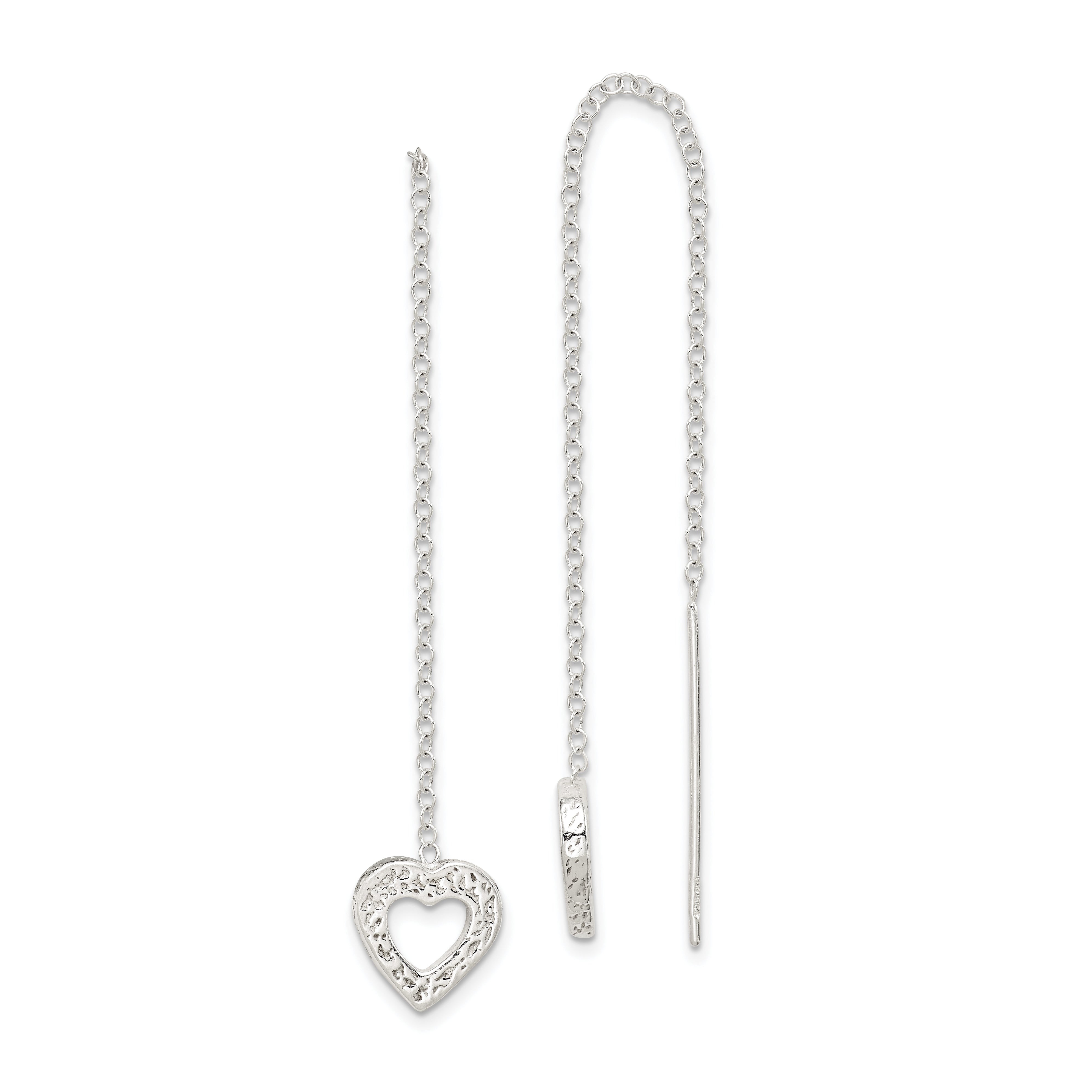 Sterling Silver Polished & Hammered Heart Threader Earrings Main image