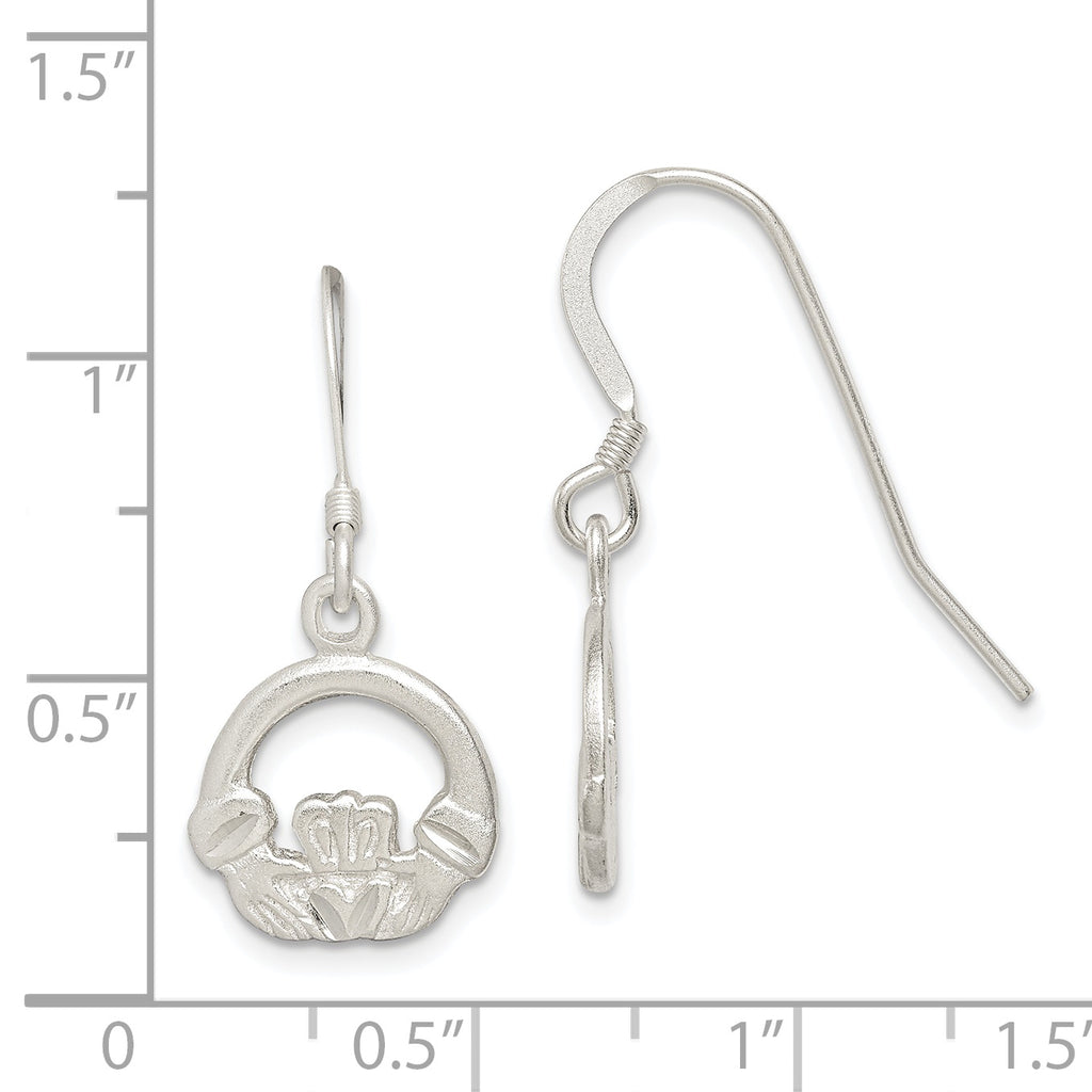 Sterling Silver Satin & Diamond-cut Claddagh Dangle Earrings