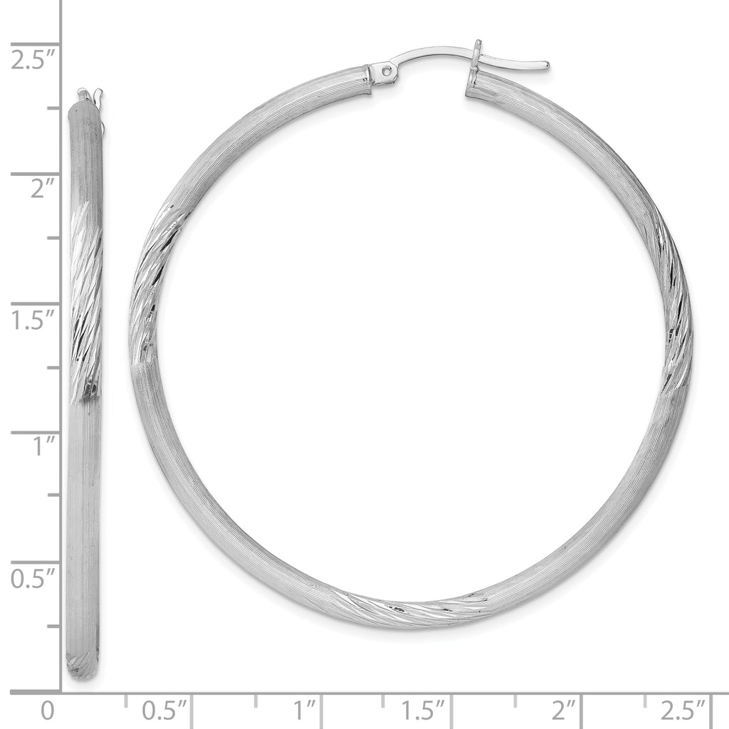 Sterling Silver Rhodium-plated 3mm Polished/Satin Diamond-cut Hoop Earrings
