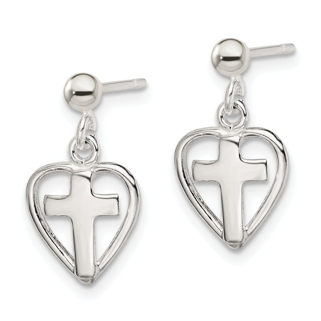 Cross in Heart Dangle Earrings in Sterling Silver
