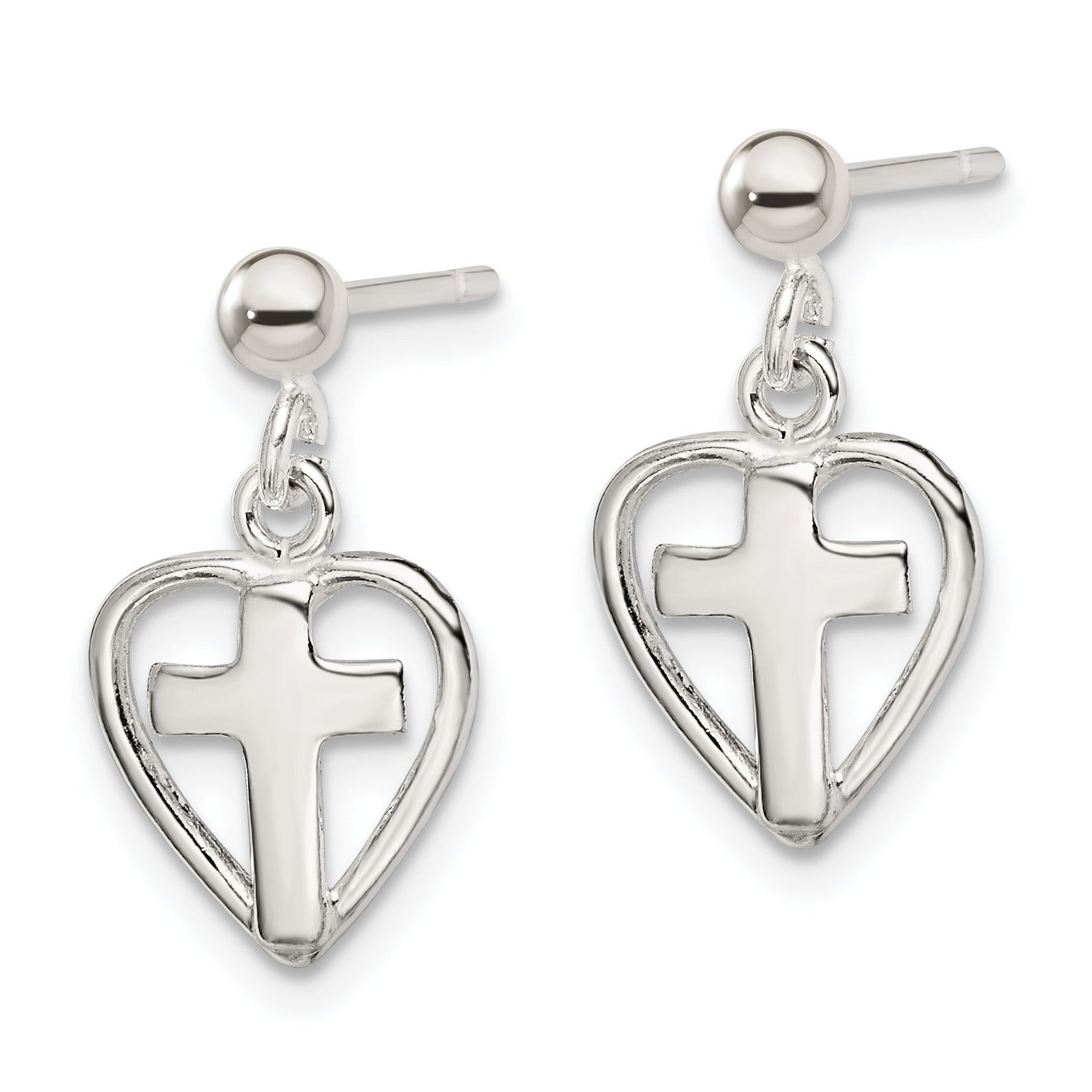 Cross in Heart Dangle Earrings in Sterling Silver