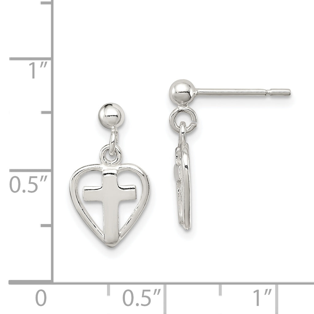 Cross in Heart Dangle Earrings in Sterling Silver
