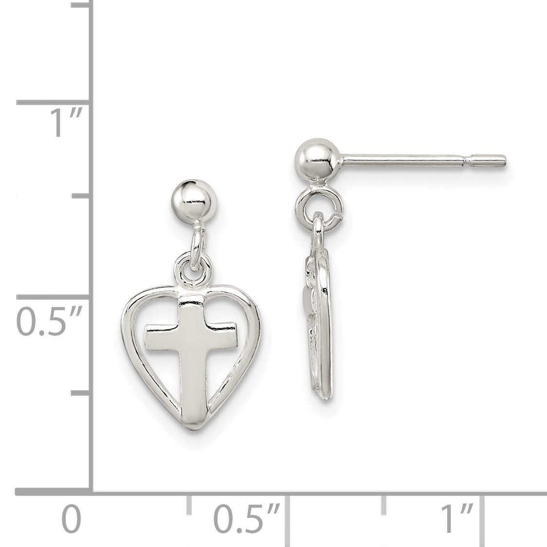 Cross in Heart Dangle Earrings in Sterling Silver