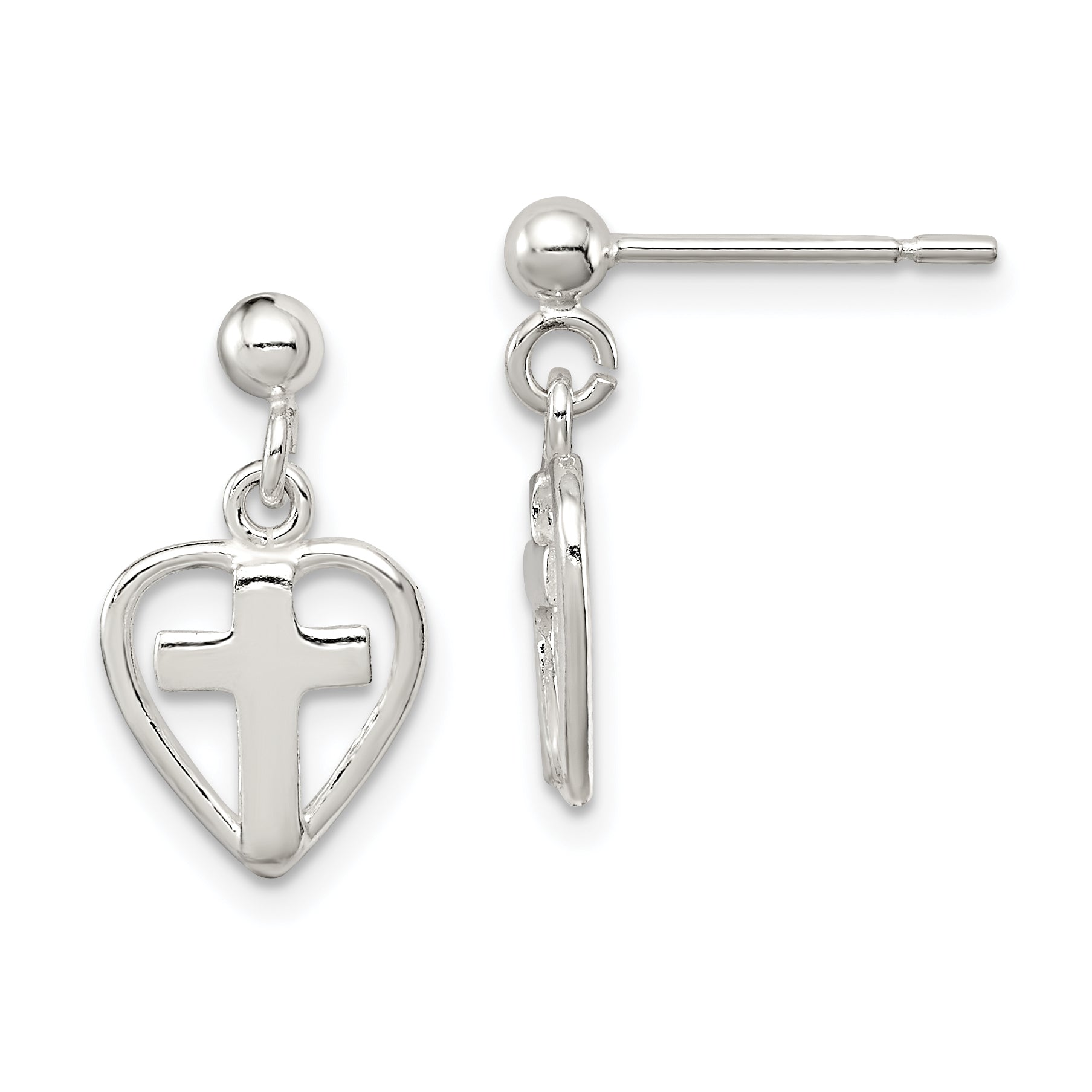 Sterling Silver Polished Cross in Heart Post Dangle Earrings Main image
