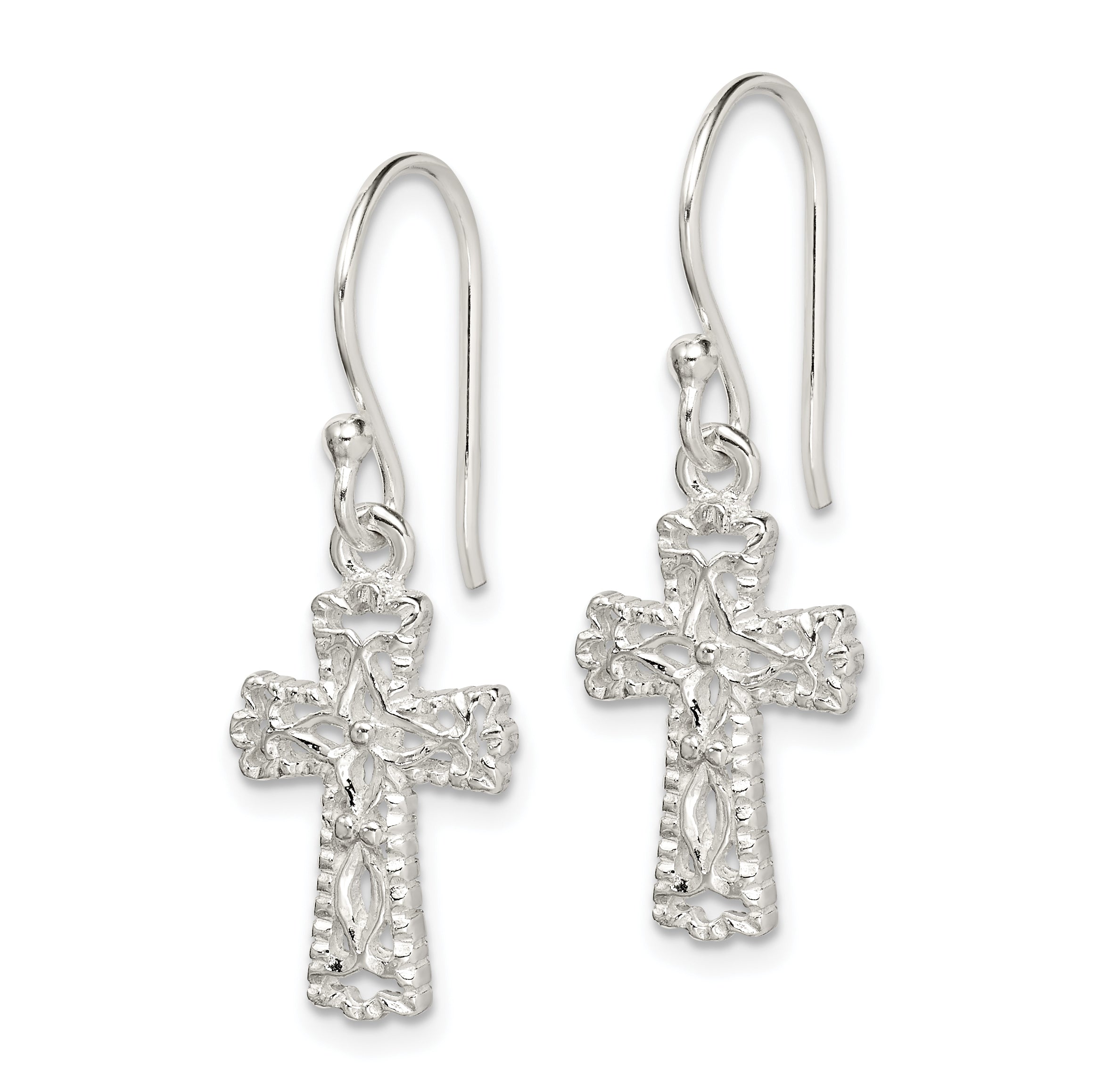 Sterling Silver Polished & Textured Cross Dangle Earrings Secondary image