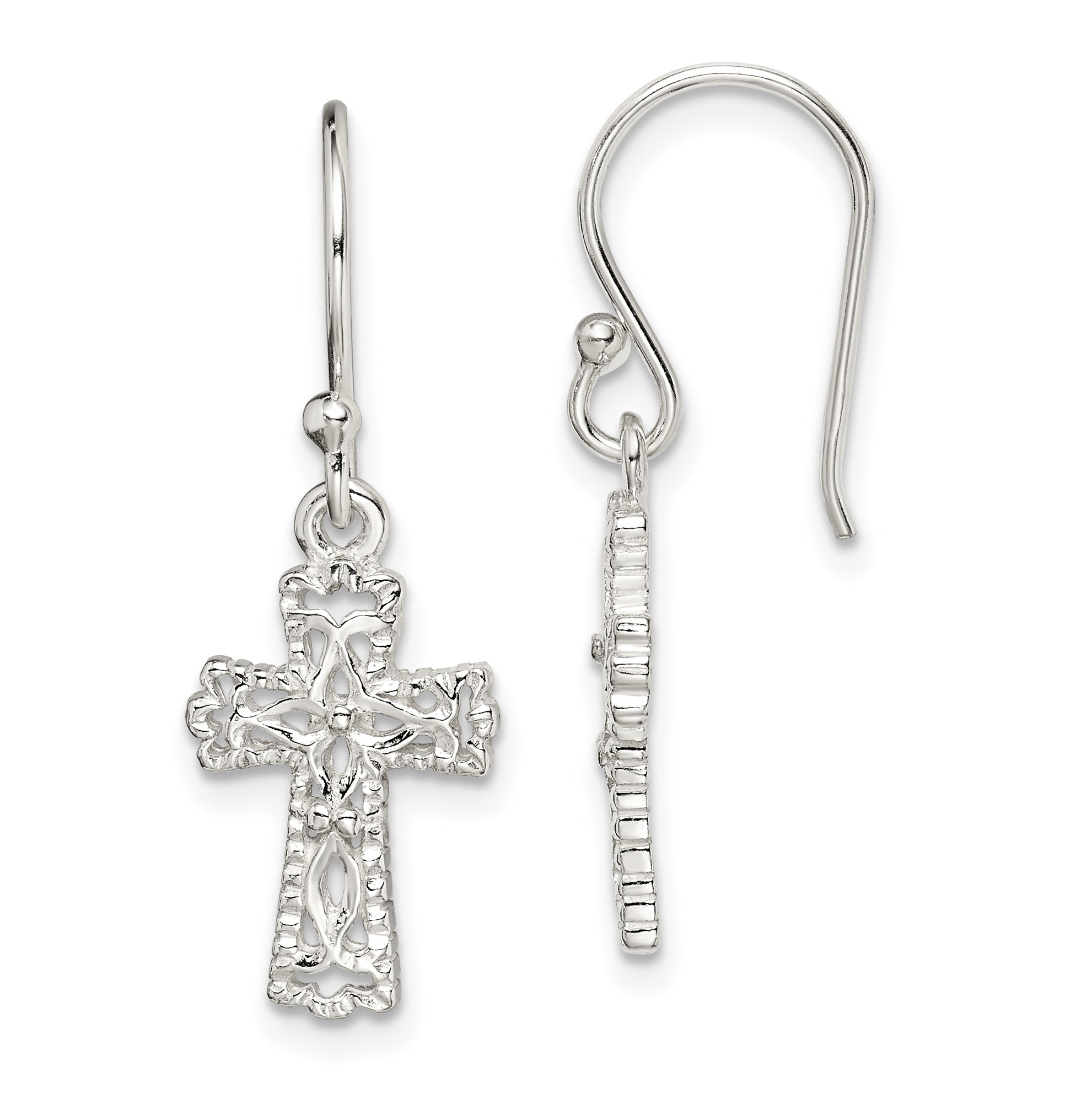 Sterling Silver Polished & Textured Cross Dangle Earrings Main image