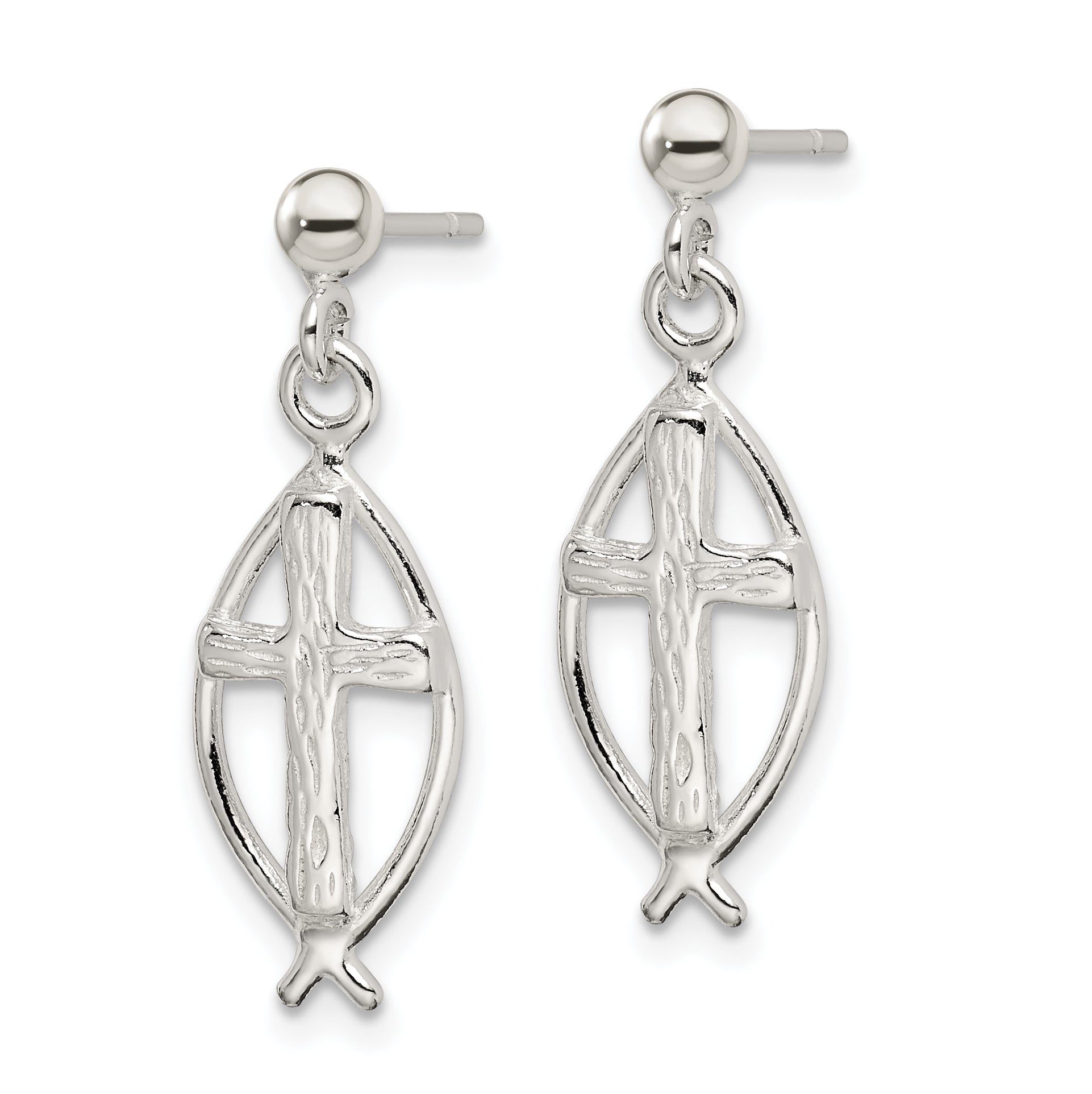 Sterling Silver Polished Antiqued & Textured Ichthus & Cross Post Dangle Earrings Secondary image