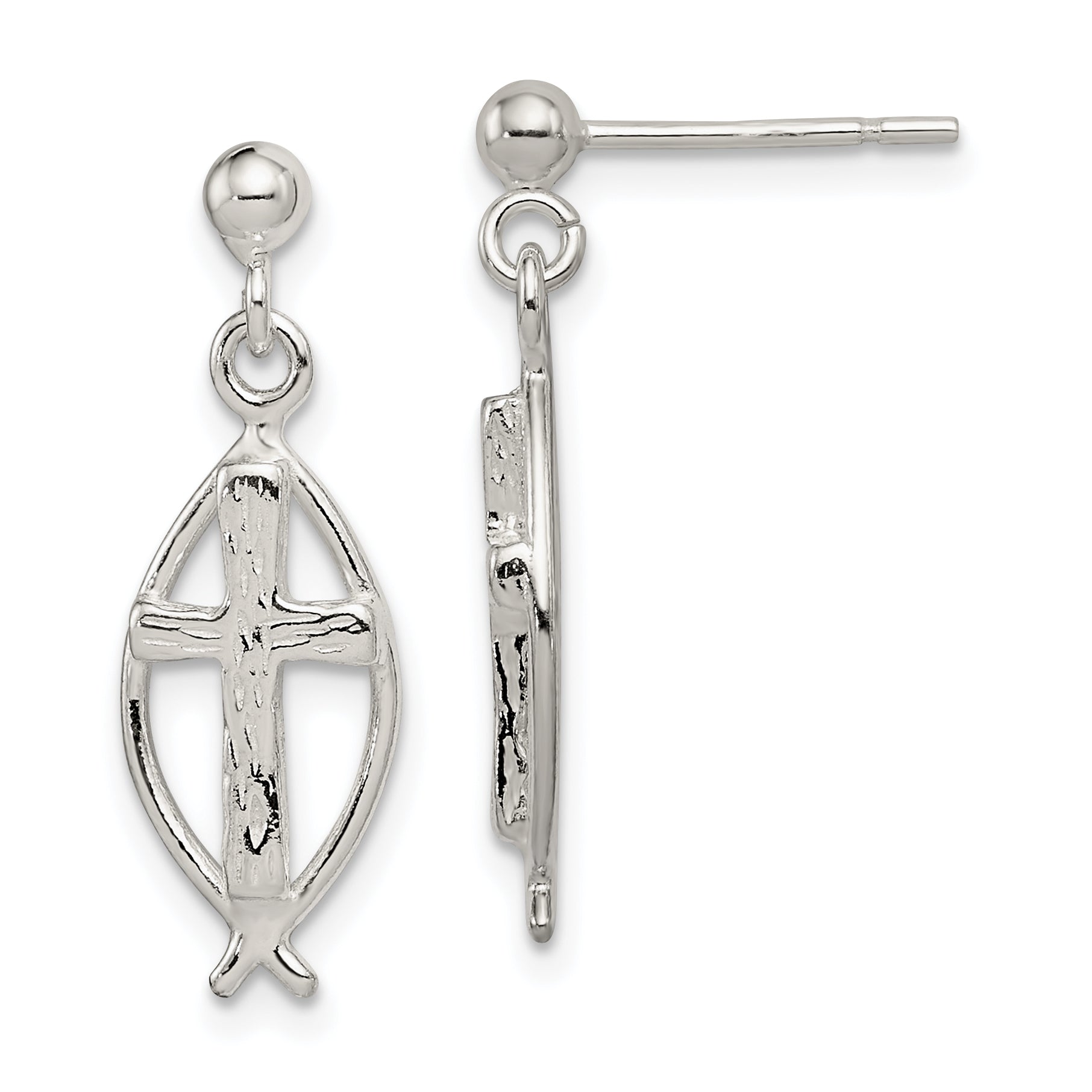 Sterling Silver Polished Antiqued & Textured Ichthus & Cross Post Dangle Earrings Main image