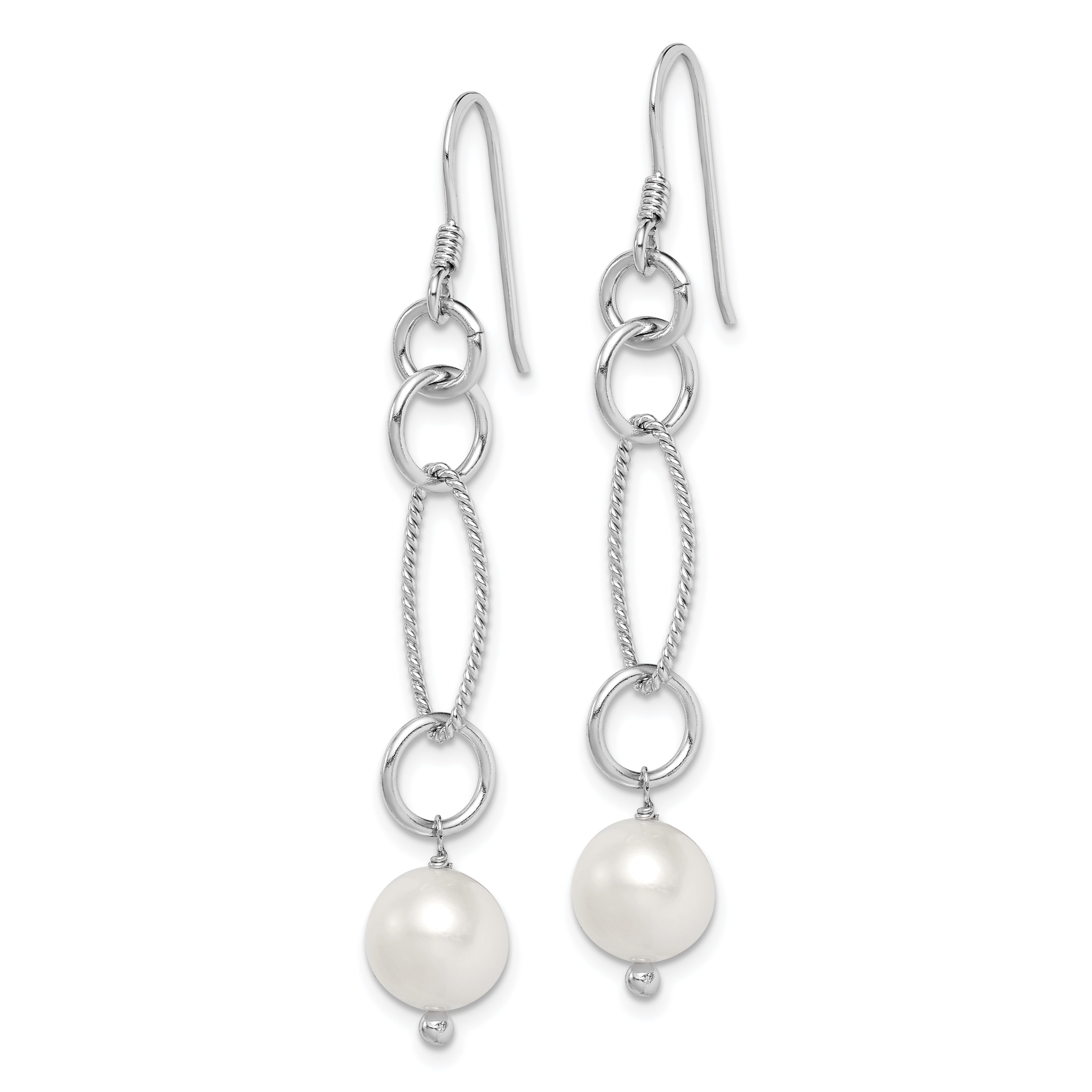 Sterling Silver Rhodium-plated Polished & Twisted White 8-9mm Freshwater Cultured Pearl Dangle Earrings Secondary image