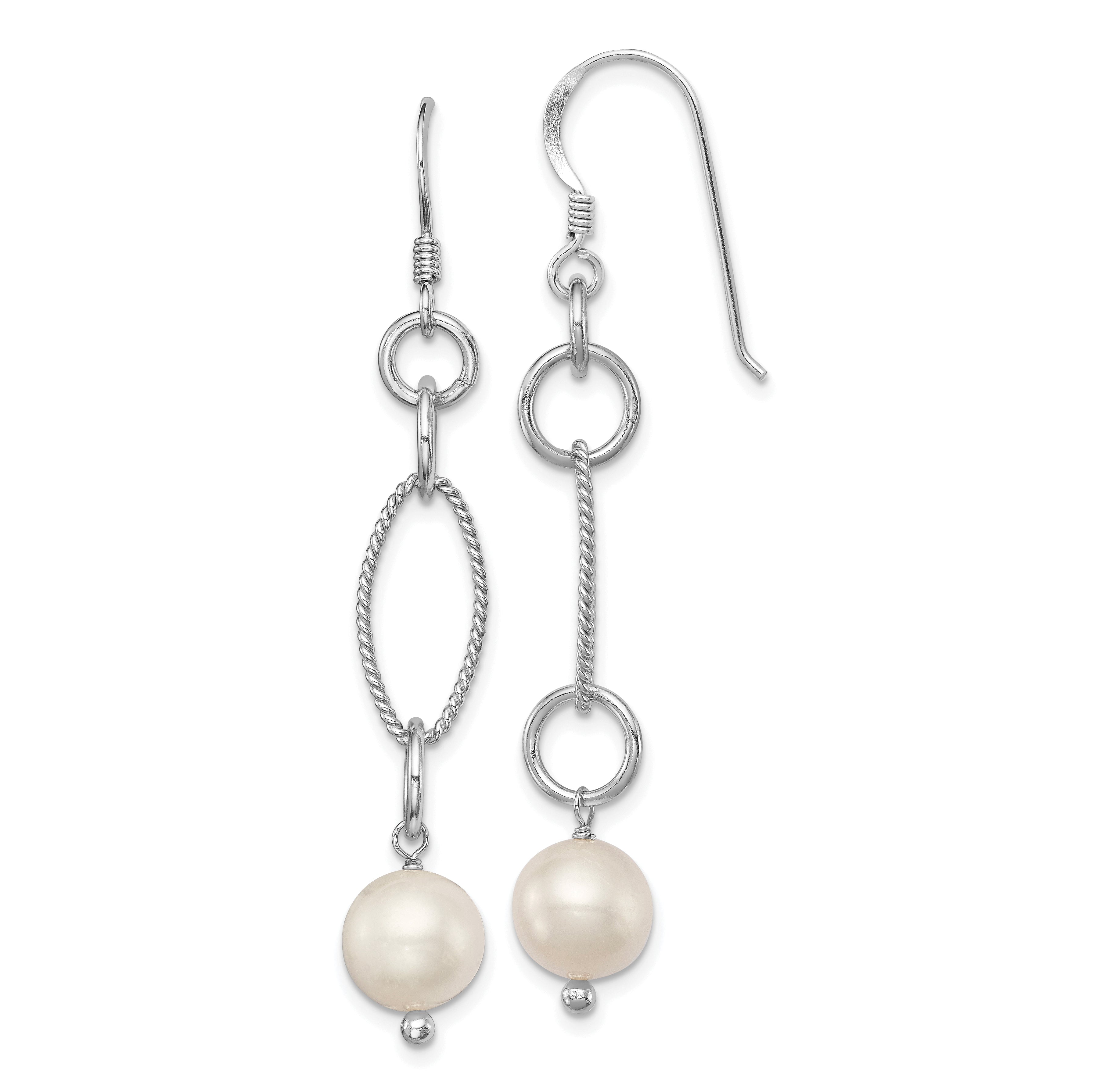 Sterling Silver Rhodium-plated Polished & Twisted White 8-9mm Freshwater Cultured Pearl Dangle Earrings Main image